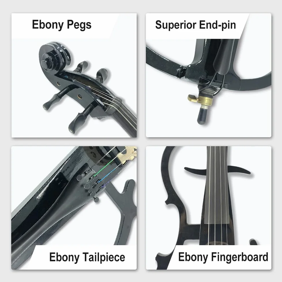 Juego de violonchelo eléctrico de tamaño completo 4/4 para principiantes (incluye bolsa ligera para violonchelo, auriculares estéreo, lazo de violonchelo premium, puente, colofonia) para