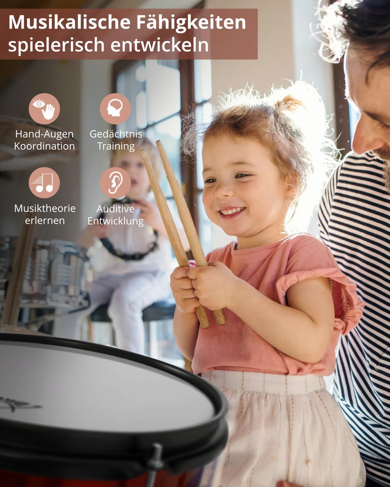 Batería XDrum Junior KIDS Incl. Escuela - Batería Compacta Para Niños - Para Niños De 3 A 5 Años - Montaje Muy Fácil - Con Escuela, Taburete, Baquetas Y Llave De Afinación - Roja