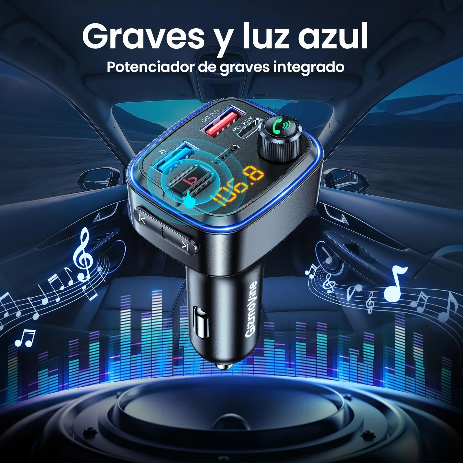 Gizmovine Transmisor FM Bluetooth Coche USB C PD 30W QC3.0 18W Manos Libres