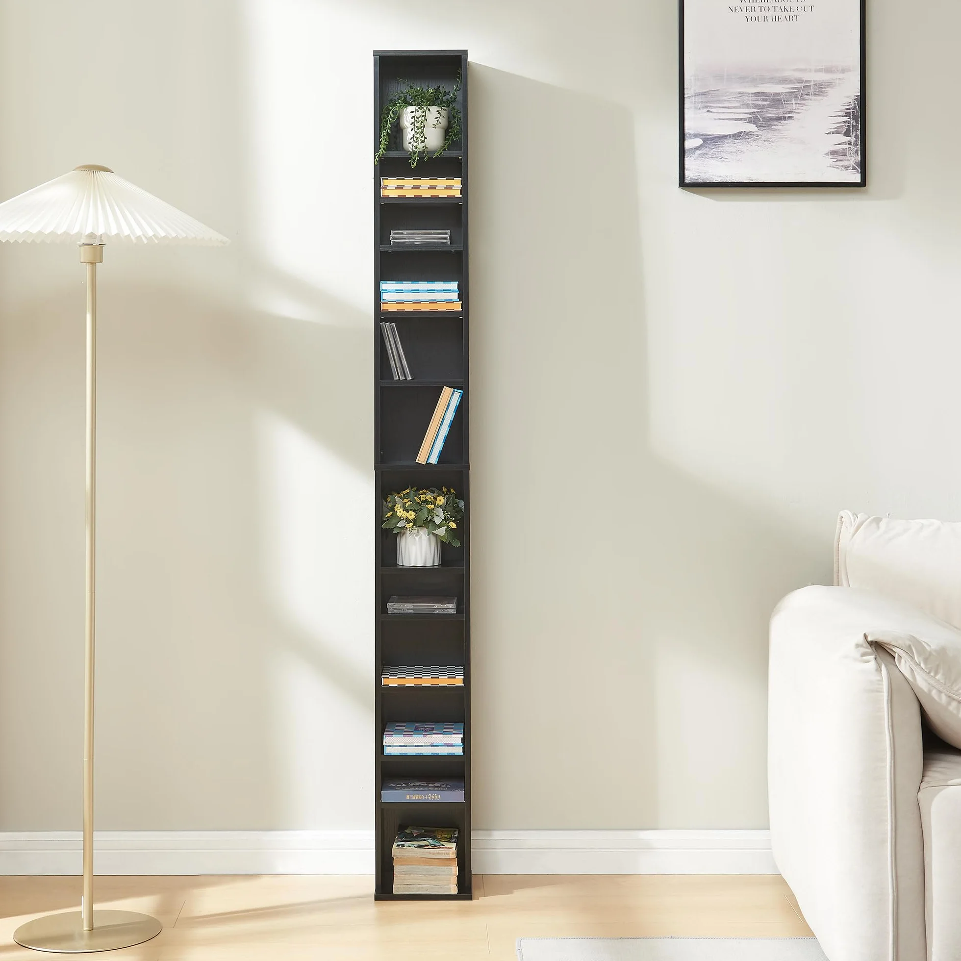[en.casa] Estantería para CDs Tynset Soporte para DVDs Recuerdos Librería con 12 Compartimientos Estantes Ajustables en Altura Aglomerado 175 x 20 x 20 cm - Negro