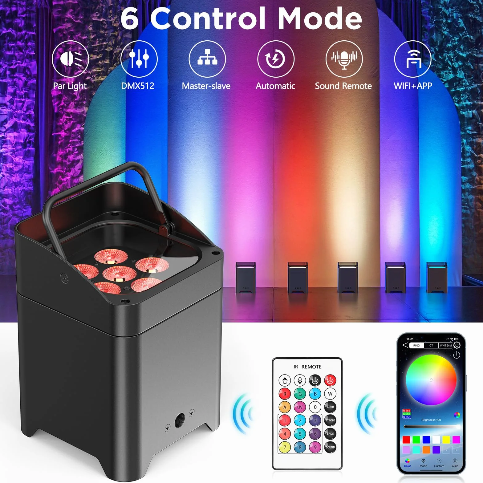 108W par led foco batería recargables, RGBWA+UV 16.7 millones colores luce discoteca con Mando a distancia/APP/DM/IR/2.4GHz Iluminación de escenario para fiesta DJ Bar Boda Cumpleaños