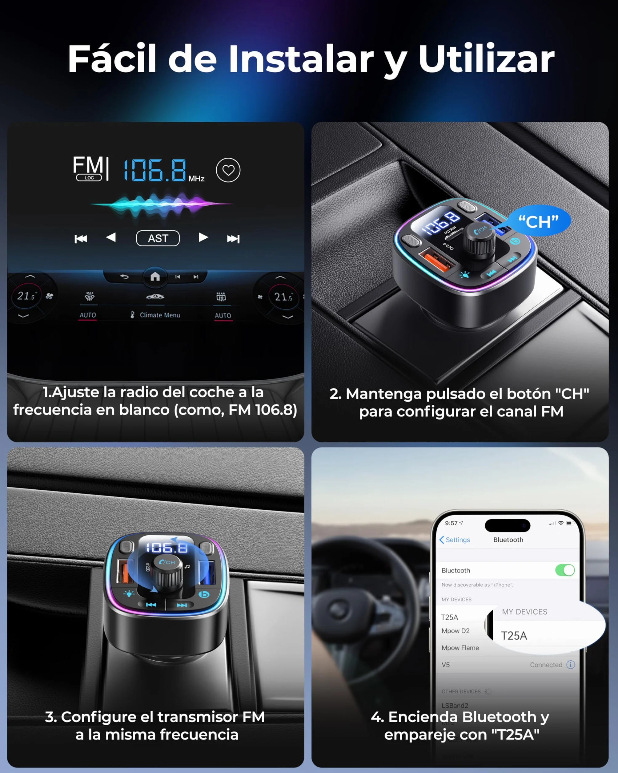 LENCENT Transmisor FM Bluetooth 5.4 Manos Libres Coche con Carga Rápida PD 36W QC3.0
