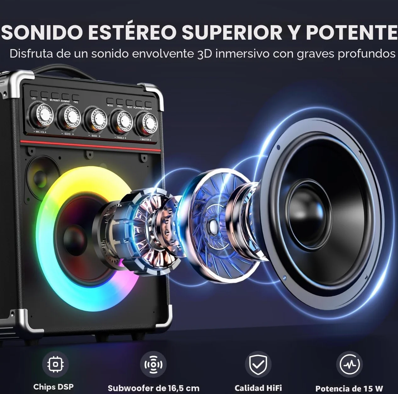 JYX Karaoke 2 microfonos inalambricos, portatil Karaoke Profesional Completo, Altavoz Karaoke de Sistema PA potatil y Luz LED y Mando a Distancia, soporta Bluetooth/TF/USB/AUX/TWS