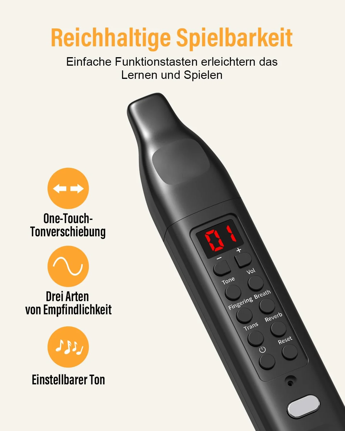 Instrumento de Viento Digital Eléctrico Negro - Compatible con Bluetooth MIDI - Con Cable de Alimentación