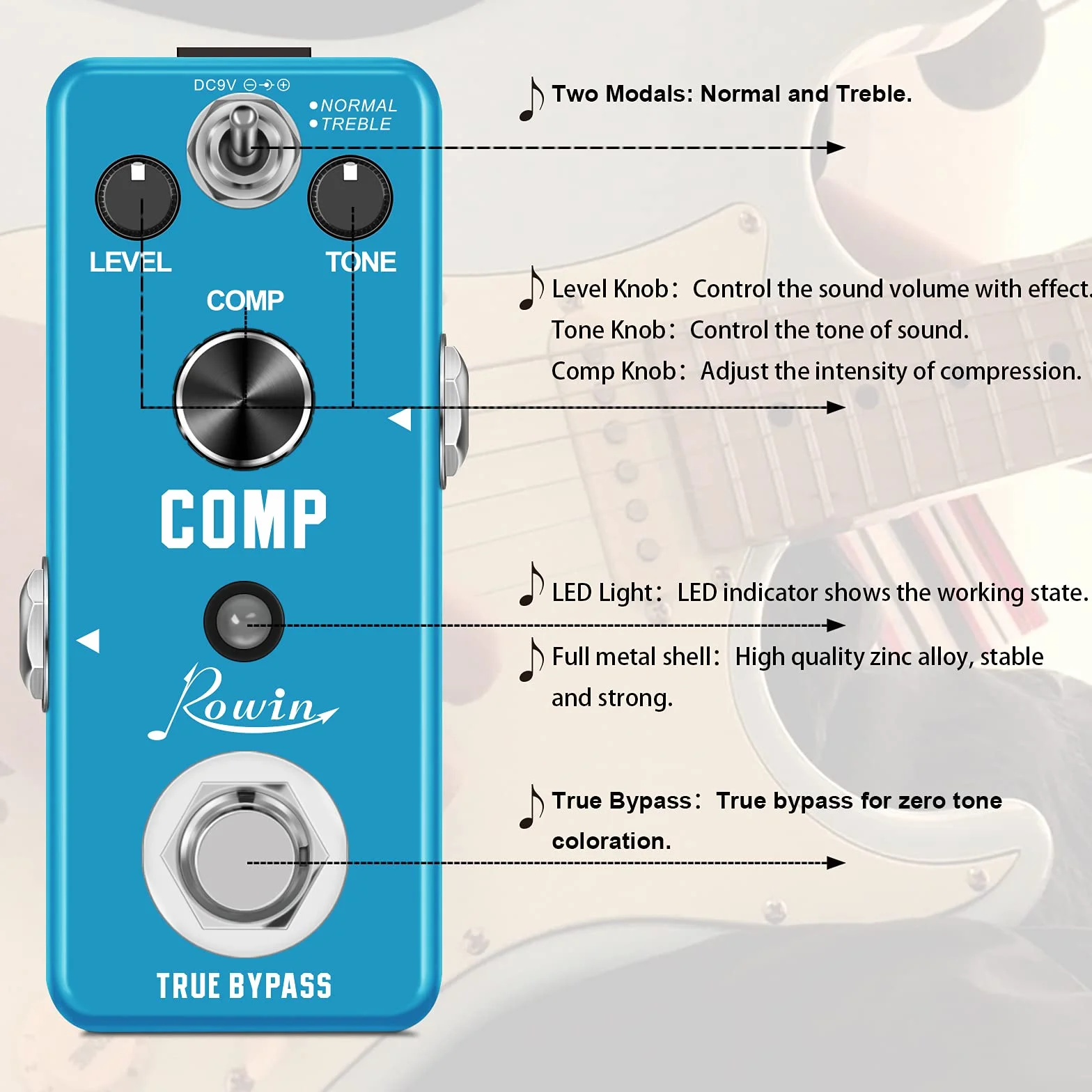 Rowin Pedal compresor para guitarra para True Bypass analógico, efectos de compresión Ultimate Comp para guitarra eléctrica