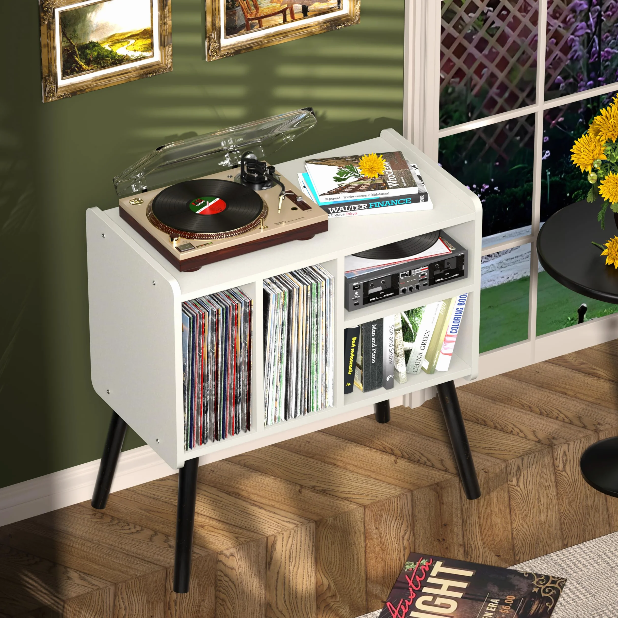 Tocadiscos de mediados de siglo con almacenamiento de vinilo para hasta más de 150 álbumes, armario de vinilo con estantes ajustables, color blanco