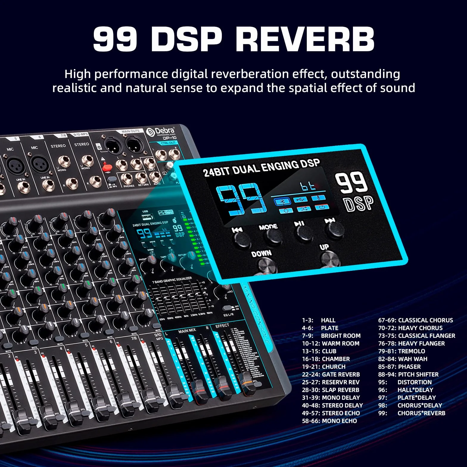 Mesa de mezclas DJ DP-10 profesional 10 canales – Mezclador de audio con USB y 99 efectos DSP – Interfaz para podcast, karaoke y sonido en vivo