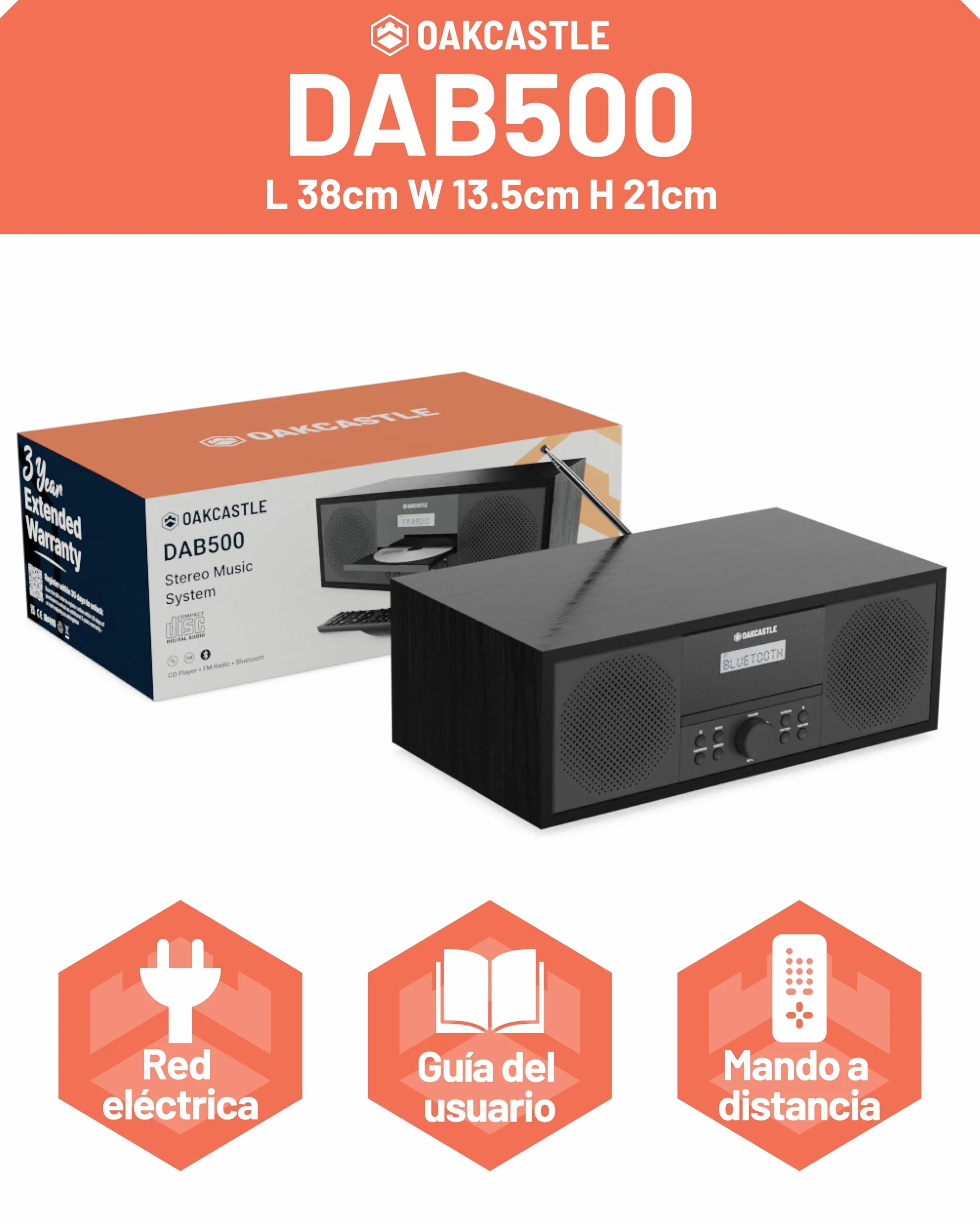 Equipo de Musica para Casa | CD Player HiFi con 60W Altavoces | Minicadenas de Musica con CD y Dab+ | Bluetooth Microcadenas de Musica | Radio FM Reproductor de CD HiFi Microcadena | OAKCASTLE DAB500