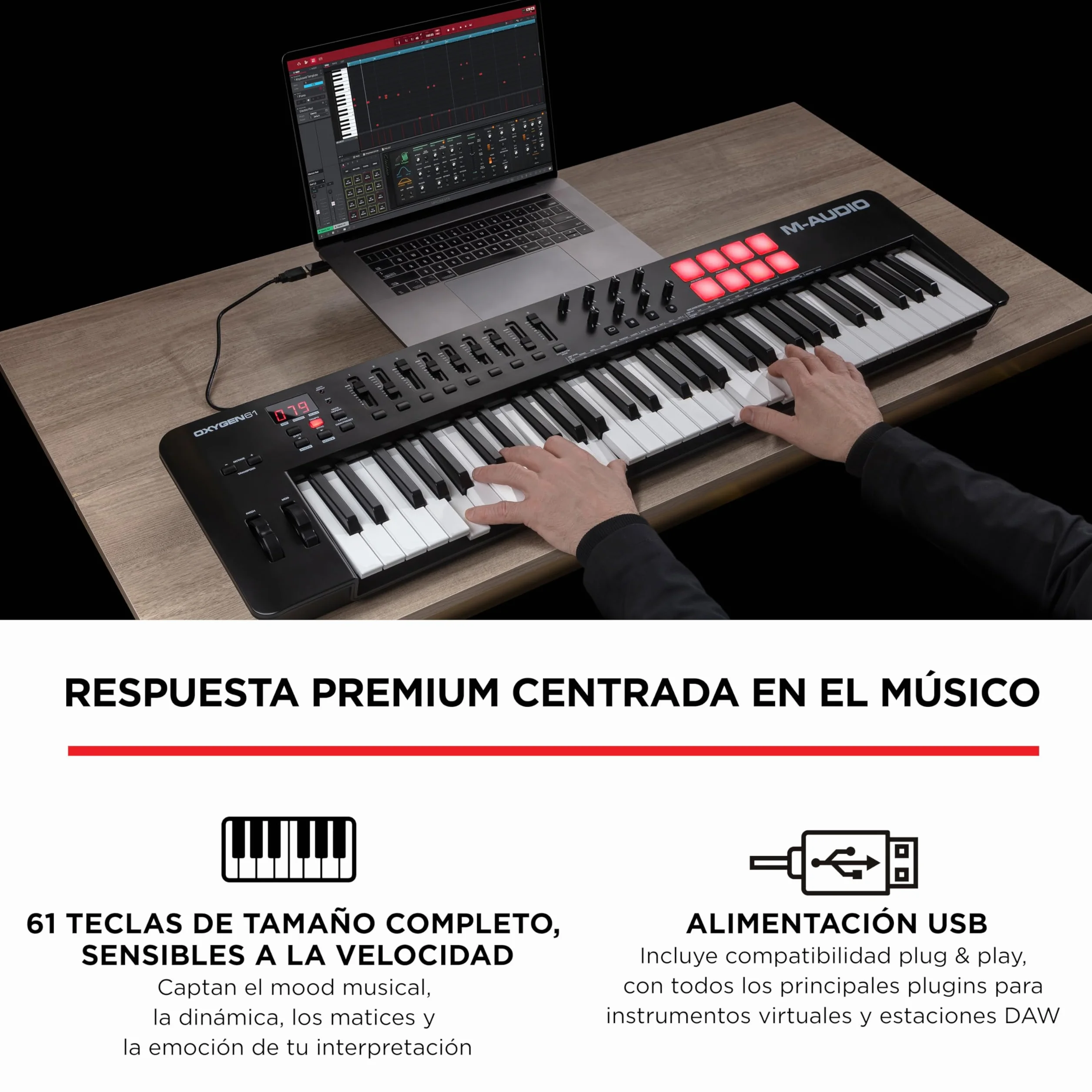 M-AUDIO Oxygen 61 (MKV) teclado controlador MIDI USB con 61 teclas, beat pads, Smart Chord, modos de escala, arpegiador y pack de sonidos de Native Instruments (integración de NKS)