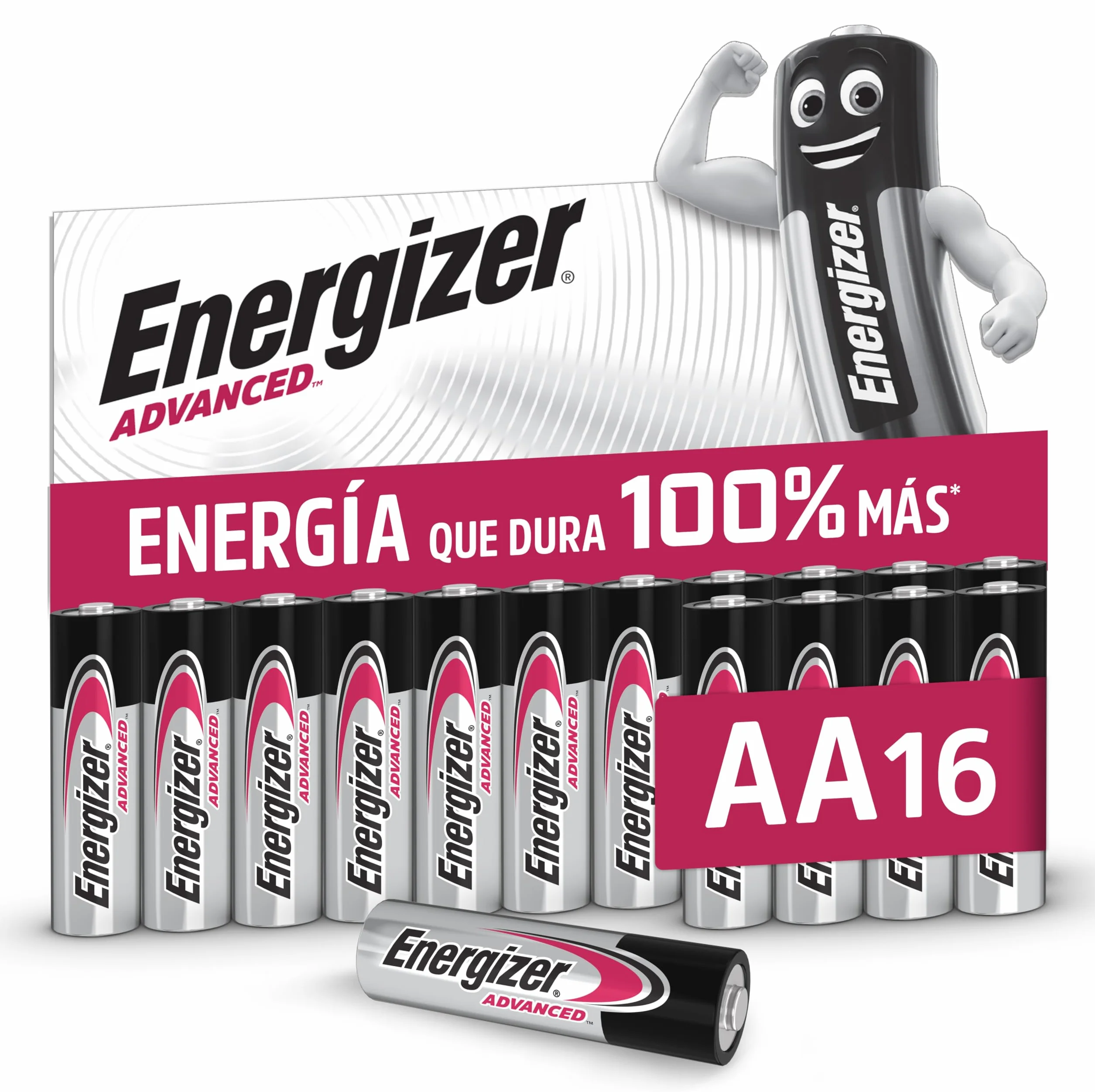 Energizer Advanced - Pilas AA (Paquete de 16) - 1,5V Baterías Alcalinas de Larga Duración - Alta Potencia - Made in EU - Embalaje 100% reciclable - 10 años de Vida útil [Exclusivo en Amazon]