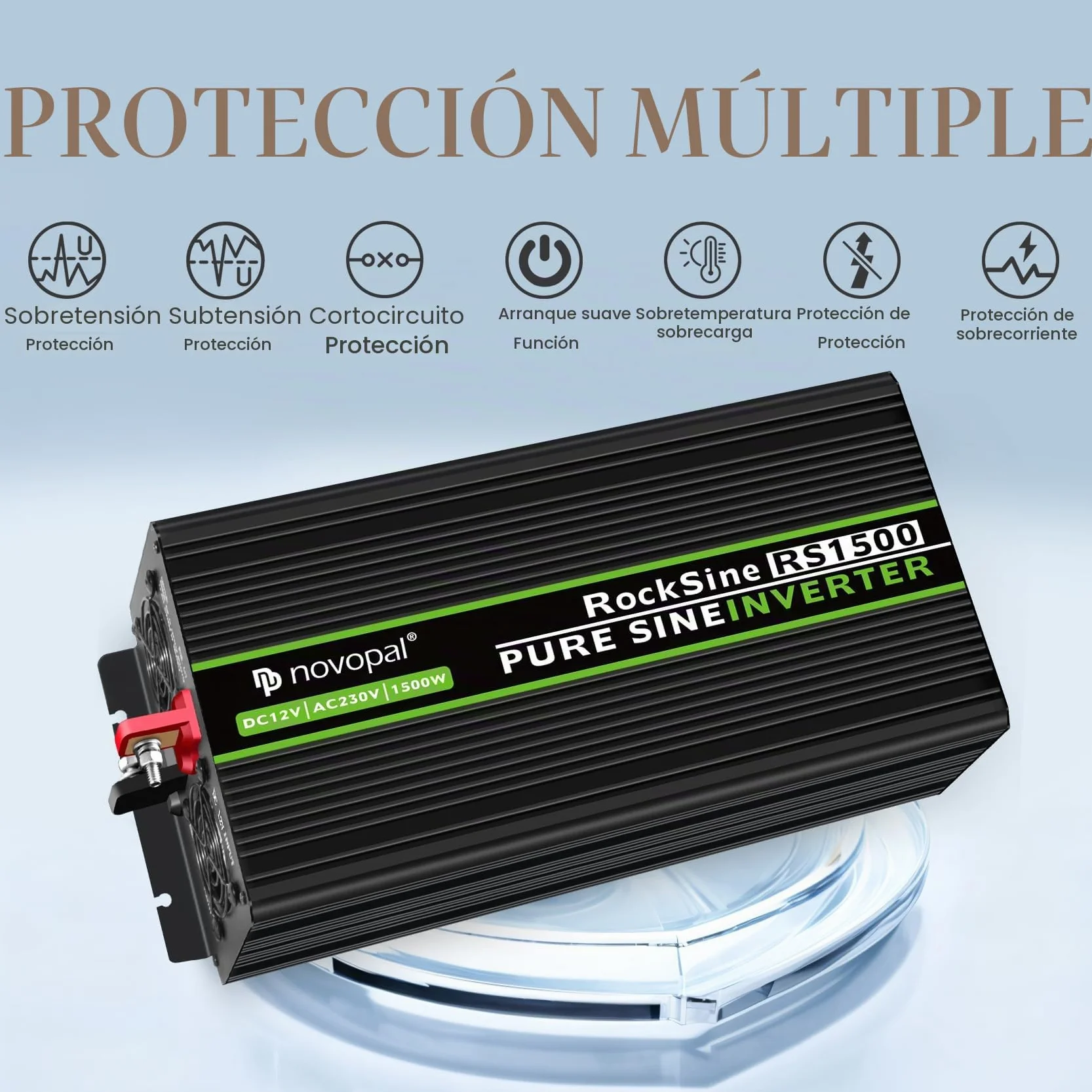 NOVOPAL 1500W Convertidor de Voltaje de Onda Sinusoidal Pura de Coche-Convertidor de Coche 12v a 230v Convertidor - Convertidor de Inversor con 2 Enchufes EU y Puerto USB