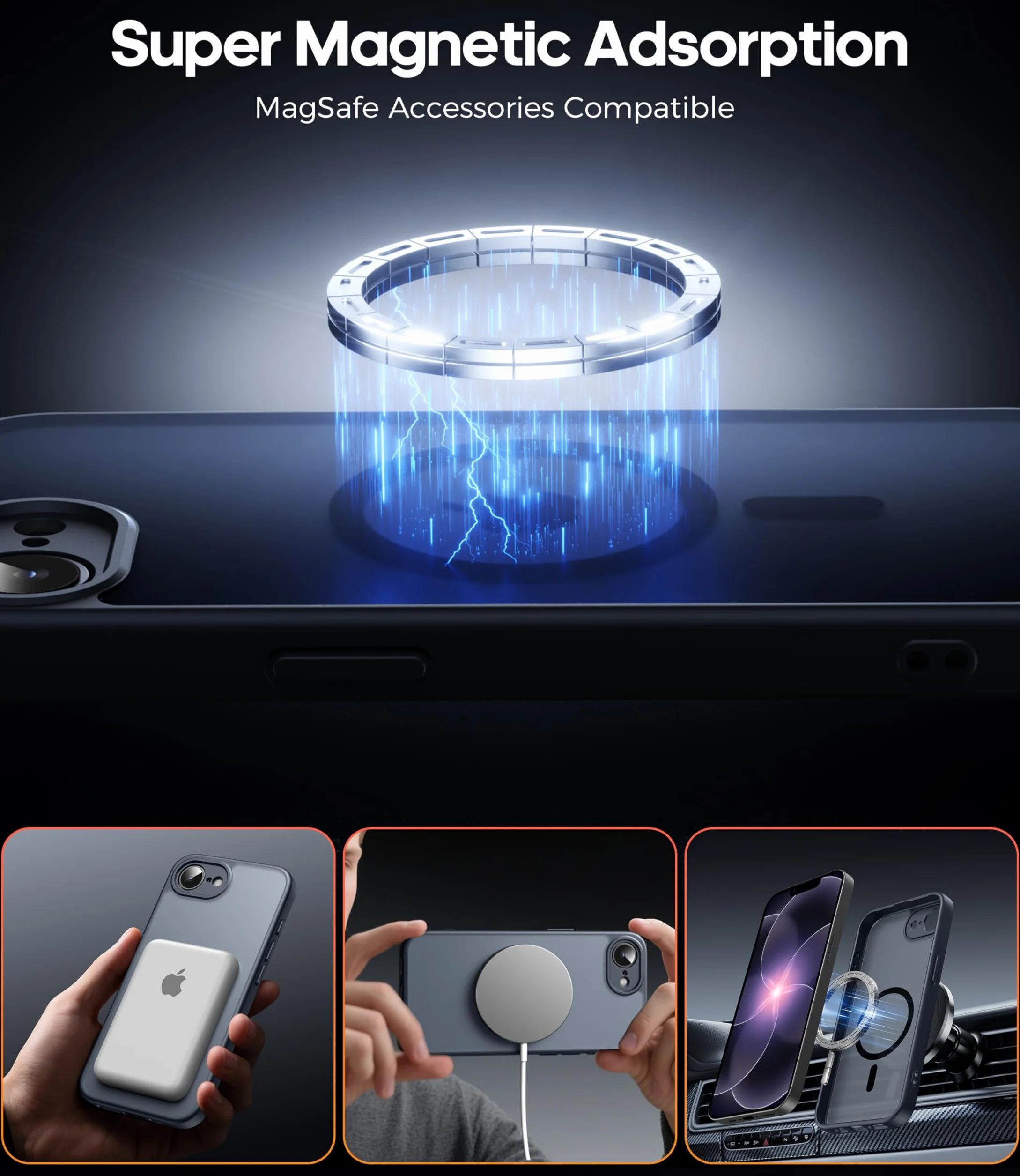 FLLAO Funda para iPhone 16e / iPhone 17e, Compatible MagSafe con 2 Piezas Protector de Pantalla Cristal Templado, Magnética Carcasa iPhone 17e / 16e Translúcida Mate Trasera Fina Antigolpes, Negro