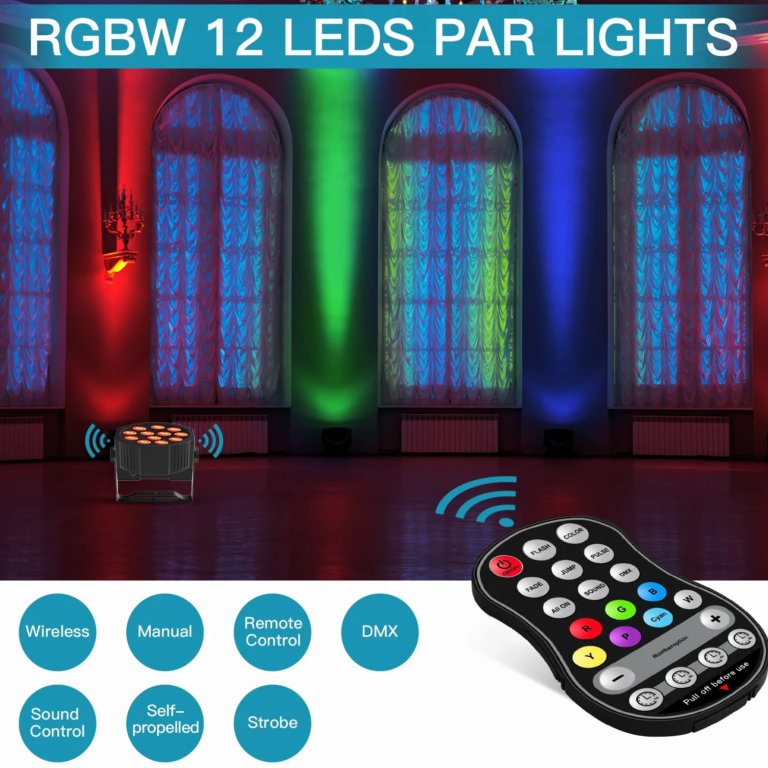 2 Piezas RGBW Par LED Batería Recargable, 24W Luces Escenario Exterior con Control Remoto y Activación de Sonido, Focos Discoteca para Fiesta DJ Bar Boda Navidad