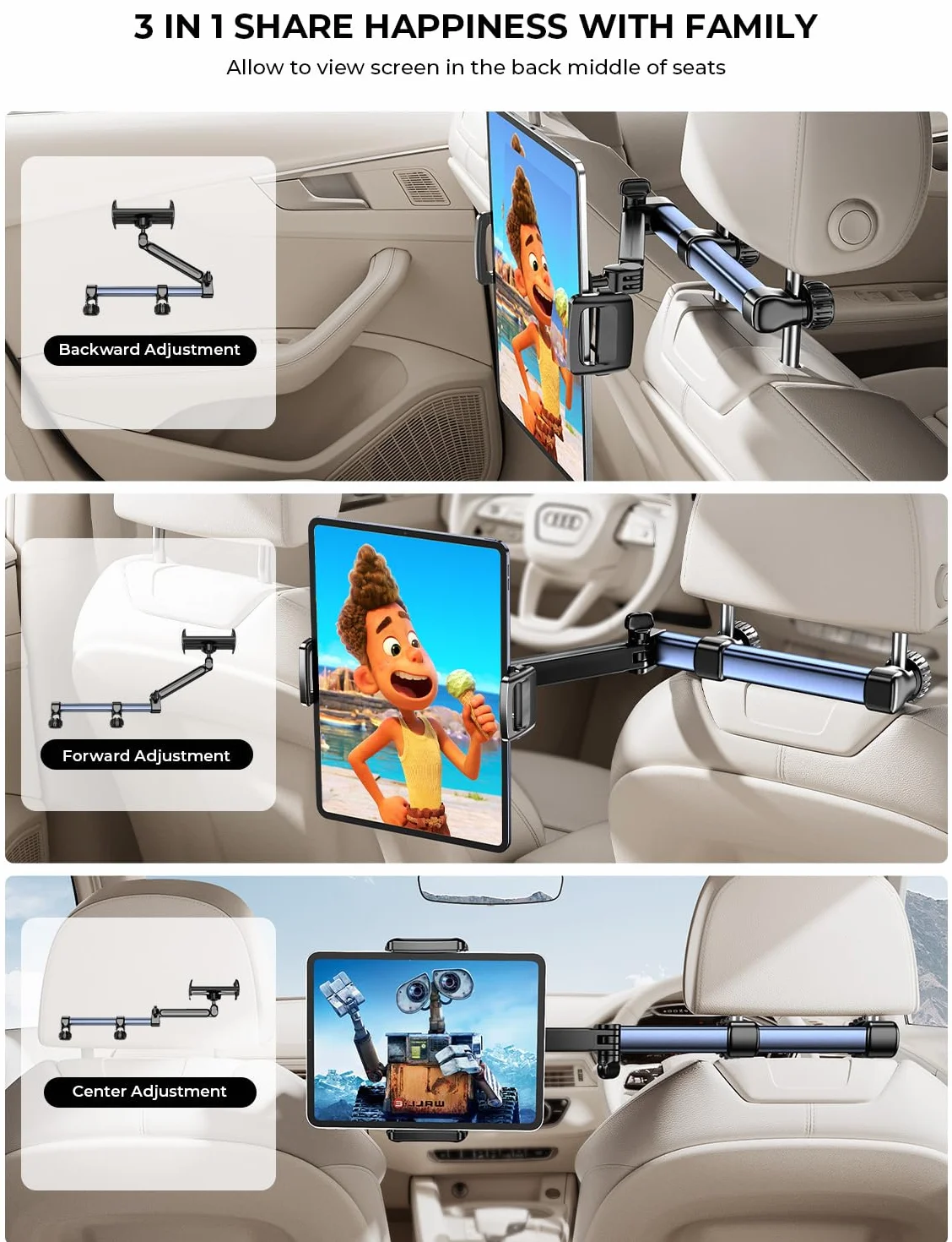 TRYONE Soporte Tablet Coche Reposacabezas 46CM Brazo Largo 3 en 1 Porta Accesorios para iPad Pro Sumsung Tab eReader Switch Móviles 4,7-13 Pulgadas