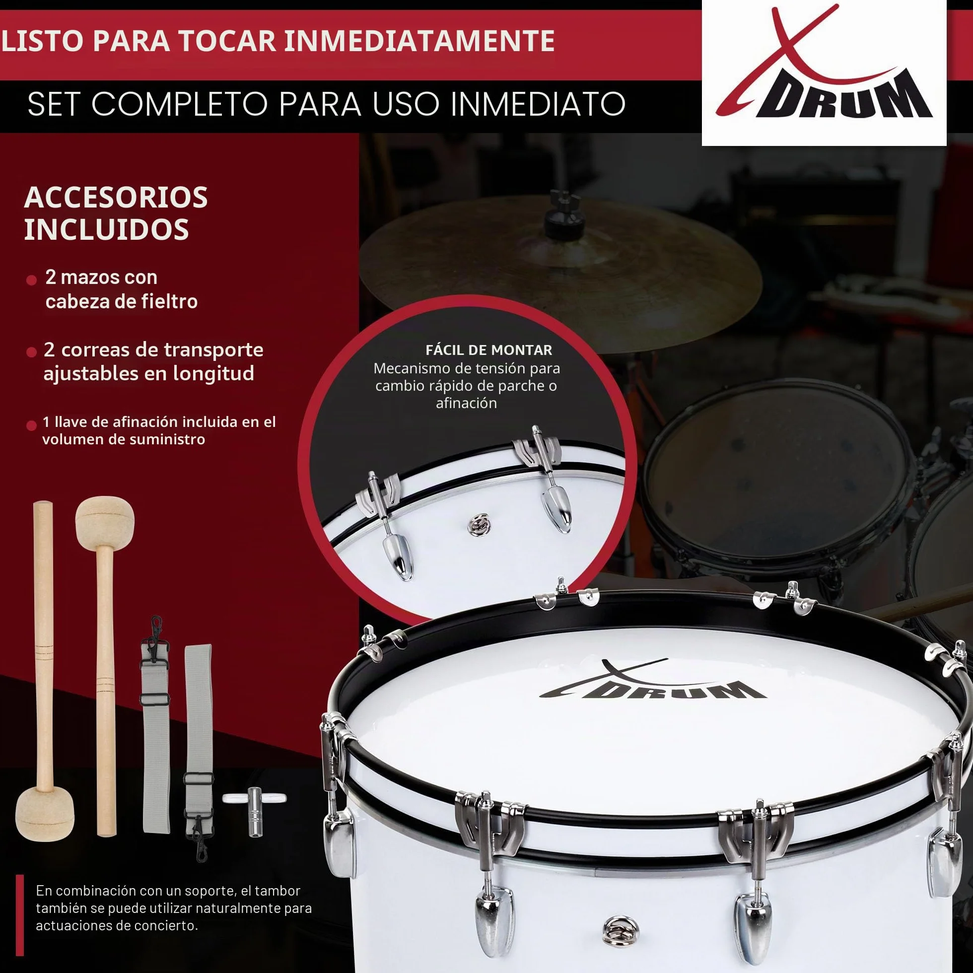 XDrum MBD-218 Tambor de marcha 18x12" - Bombo grande, 6,5 kg; 4 anillas de sujeción; 8 tornillos de tensión por lado; incluye mazas, correas, llave de afinación; blanco