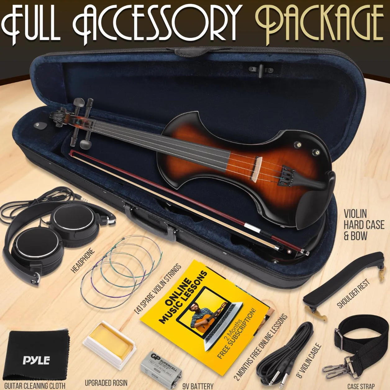 Pyle violin electrico, Silencioso, De tamaño Completo 4/4, Estuche duro, Arco, Accesorios de ebano y afinador digital