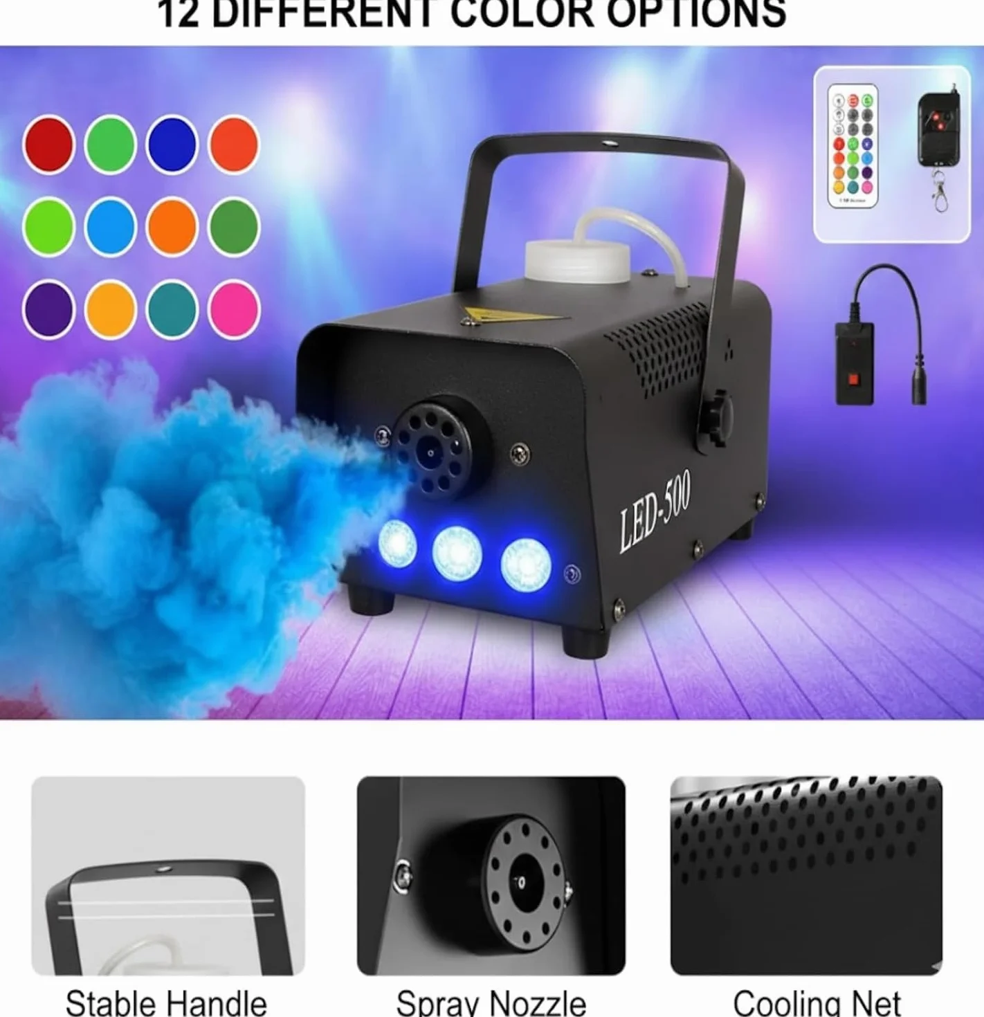 Máquina de Humo 500W, Mini Niebla Máquina con Luces RGB LED de 3 Colores, 300ml Tanque, Control Remoto Inalámbrico, Automático, Portátil, para Halloween Fiestas Bodas DJ Escenario (B)