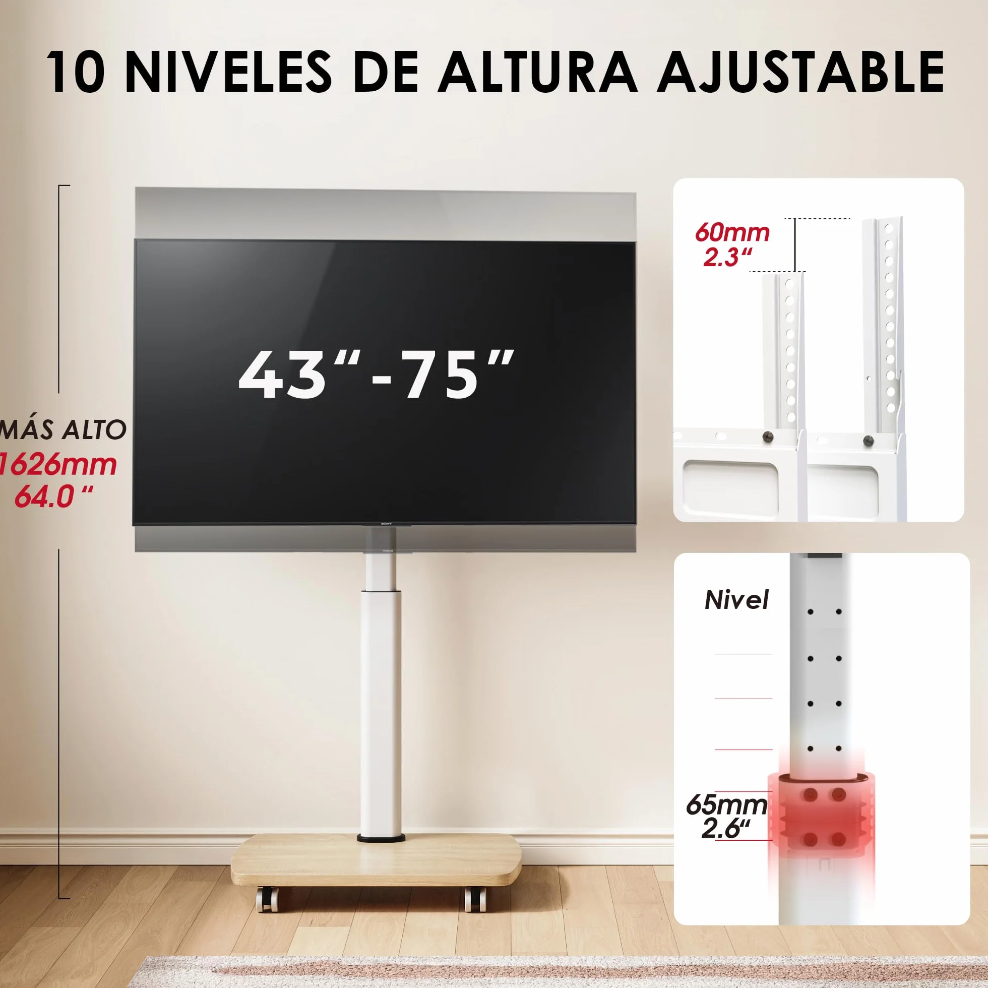 AOKCOS Soporte de suelo para TV móvil con estante de madera, soporte de TV con ruedas para televisores planos y curvados de 43 a 75 pulgadas de hasta 50 kg, altura ajustable, soporte giratorio para TV