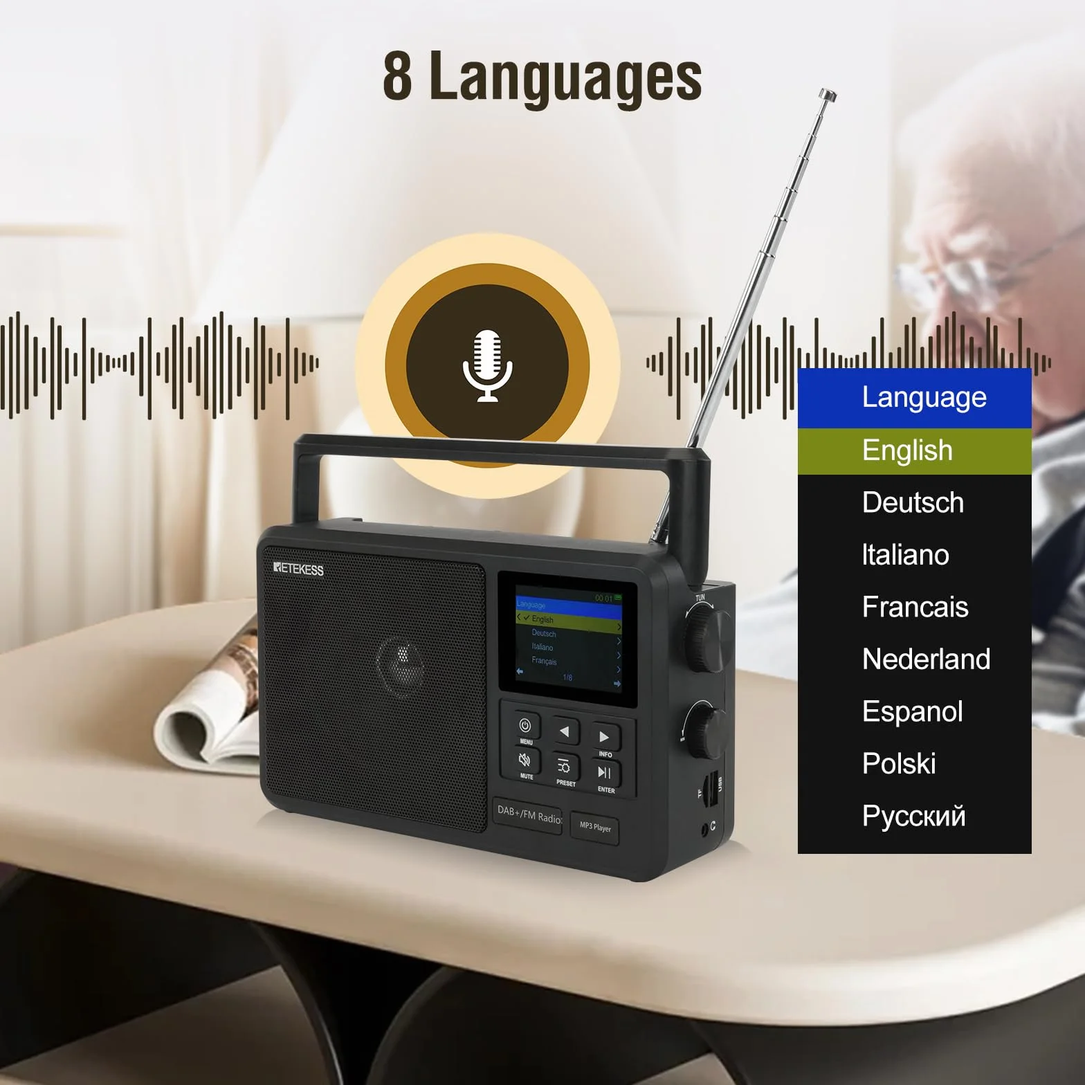 Retekess TR640 Radio por Internet,Radio Digital Dab,Digital FM,Apta para Entusiastas,Silencio con un Solo Toque,Antena Externa,Operación de la Perilla,Personas de Mediana Edad