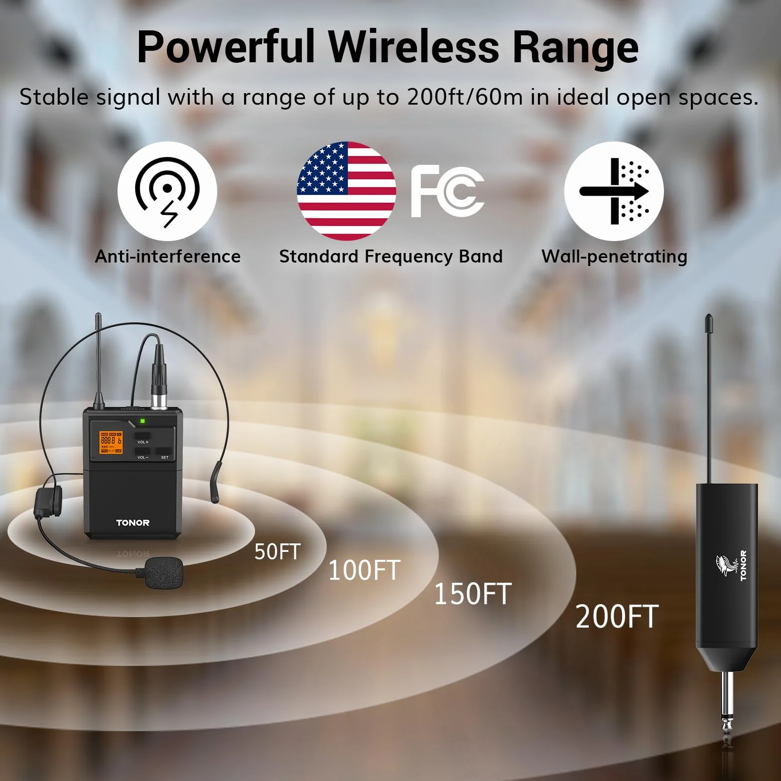 TONOR Microfono Inalambrico UHF con Micrófono Diadema/Lavalier Solapa Bolsillo Mic, Bodypack Transmisor y Mini Receiver 1/4 Pulgadas Salida, 60M para Actuaciones en Vivo Reuniones Lglesia Discurso