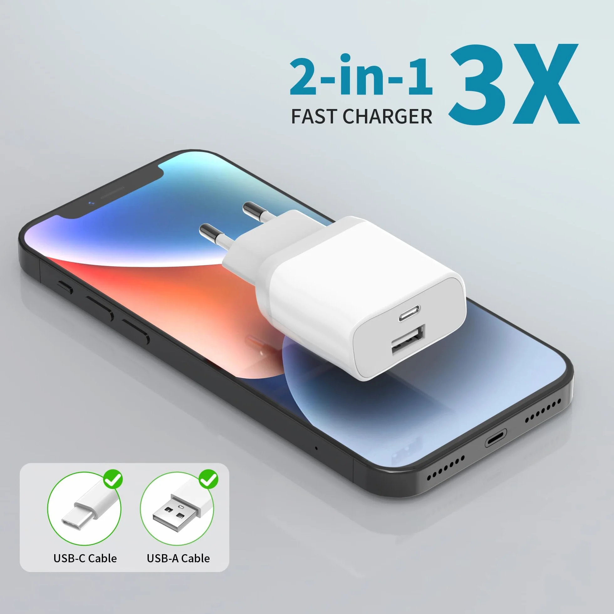 2Pcs USB C Cargador 20W Replacement for iPhone 16 15 14 13 12 11 Pro Max SE XS XR 8 7 Plus Mini SE Galaxy Pixel Carga Rapida