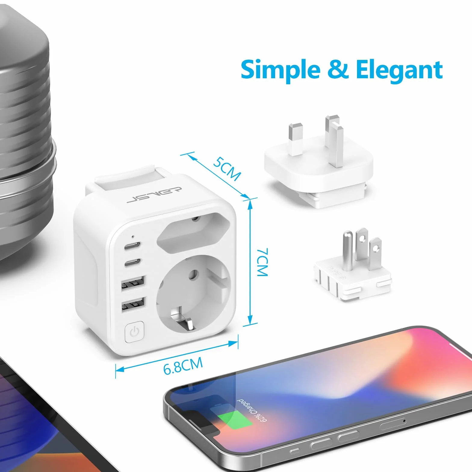 JSVER Adaptador de Enchufe Universal con 2 Enchufes Reemplazables Tipo B/G y 2 Enchufes de CA,4 Puertos USB, Cargador para España, EE. UU., Reino Unido, Canadá, México, HK (Blanco)