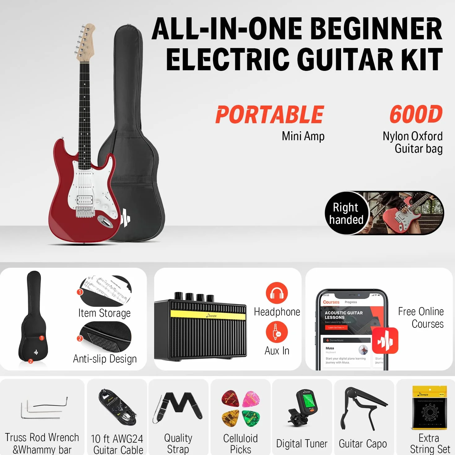 Donner Guitarra Eléctrica Tamaño Completo 39 Pulgadas con Amplificador, Bolsa, Capo, Correa, Cuerda, Sintonizador, Cable y Púas (Rojo, DST-100R)