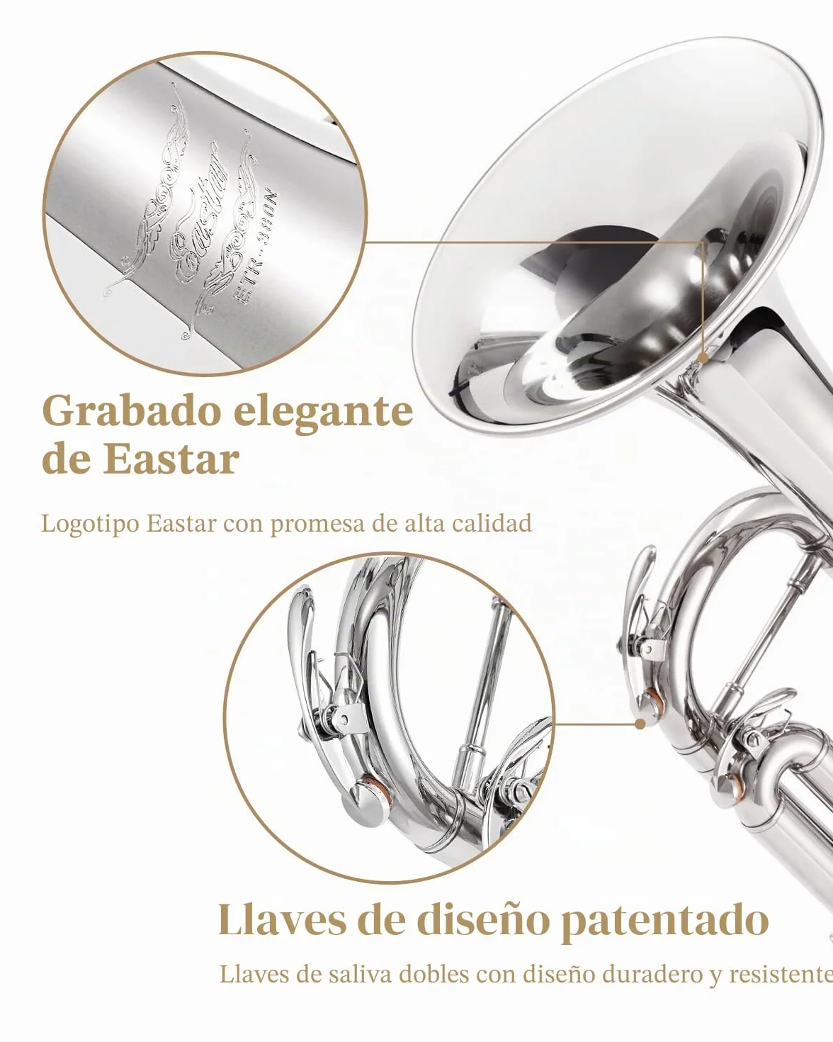 Juego de trompeta Eastar Standard en Sib para principiantes, instrumento de viento metal para estudiantes, con estuche rígido, kit de limpieza, boquilla 7C y guantes, ETR-380N, plateado