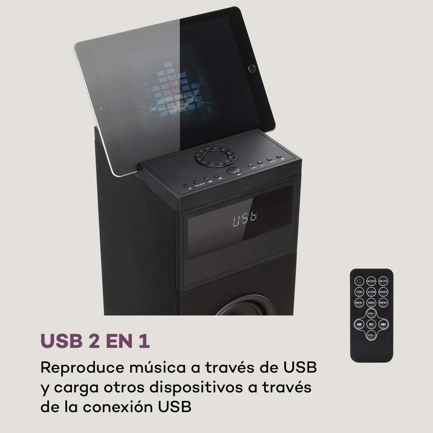 AUNA Karaboom 100 - Sistema de Altavoces 2.1, Altavoz de Torre, Altavoz 2.1, Altavoz Vertical, 120 W, Bluetooth, Puerto USB 2 en 1, MP3, Entrada AUX, Soporte para Tablet, Antracita