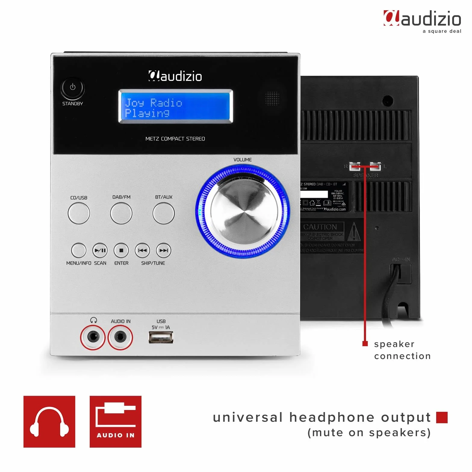 Audizio Metz Equipo de música HiFi con Altavoces, Minicadena con Radio Dab+, Bluetooth, Reproductor de CD, Entrada USB, Entrada Auxiliar, Incluye Mando a Distancia, Mini Cadena Color Aluminio