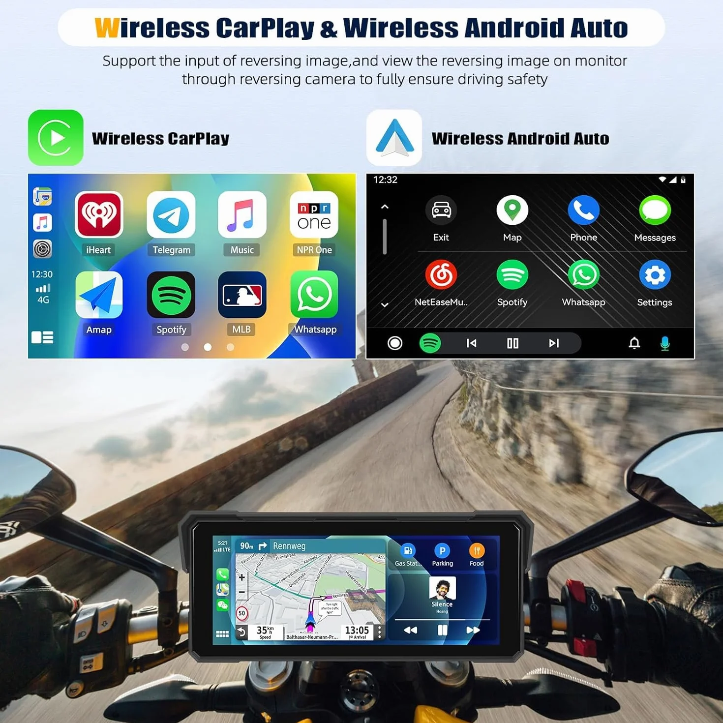 SIXTOP CarPlay Moto con CarPlay y Android Auto Inalámbricos, Pantalla Táctil Impermeable de 8,1 Pulgadas,IP68 Waterproof, Audio Bluetooth, Navegación GPS Moto con Ecualizador, Siri