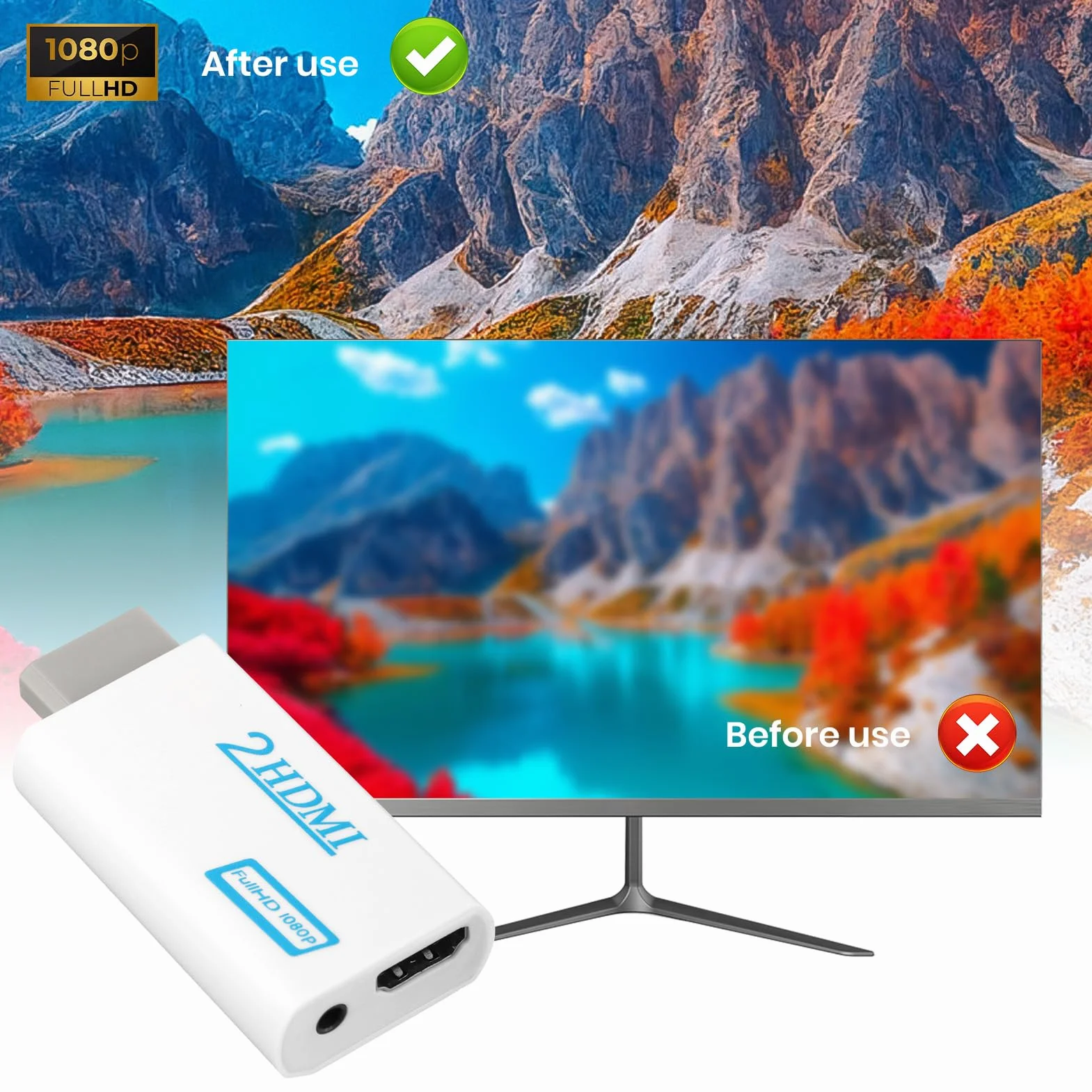 Adaptador para Wii a HDMI Convertidor para Wii a HDMI Video Converter Full HD 1080P con 3,5mm Salida de Audio Admite Todos Los Modos Pantalla for W-ii Display Modes720P NTSC para Monitor Projector TV