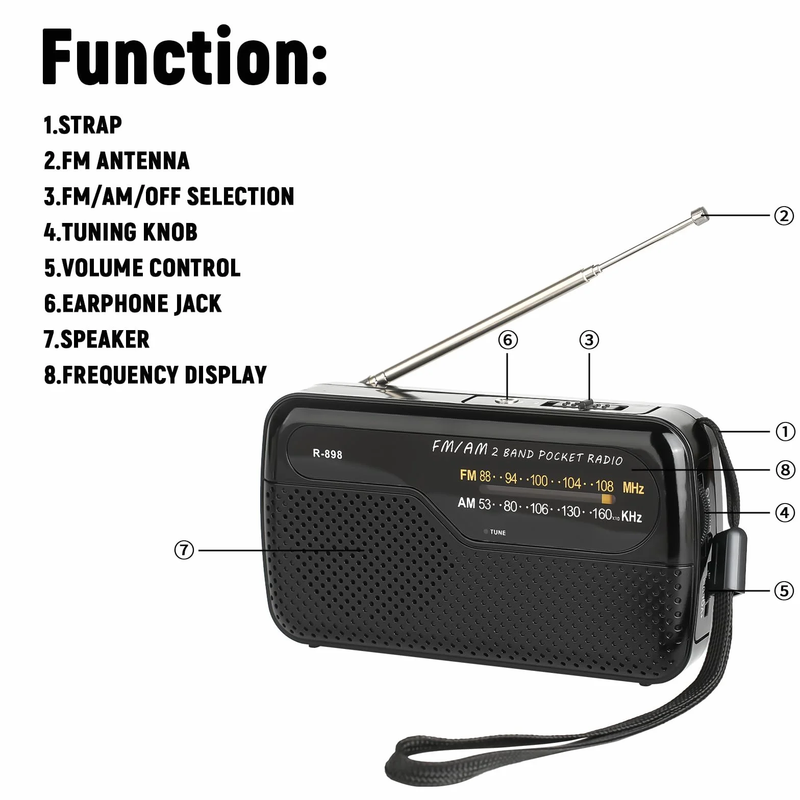 Radio de Portátil, Radios de Transistor Am FM Bolsillo Portátil Funciona con 2 Pilas AA, Radio de Pequeña de Bolsillo Viaje FM,Altavoz Fuerte,Uso en Interiores, Exteriores. (Negro)