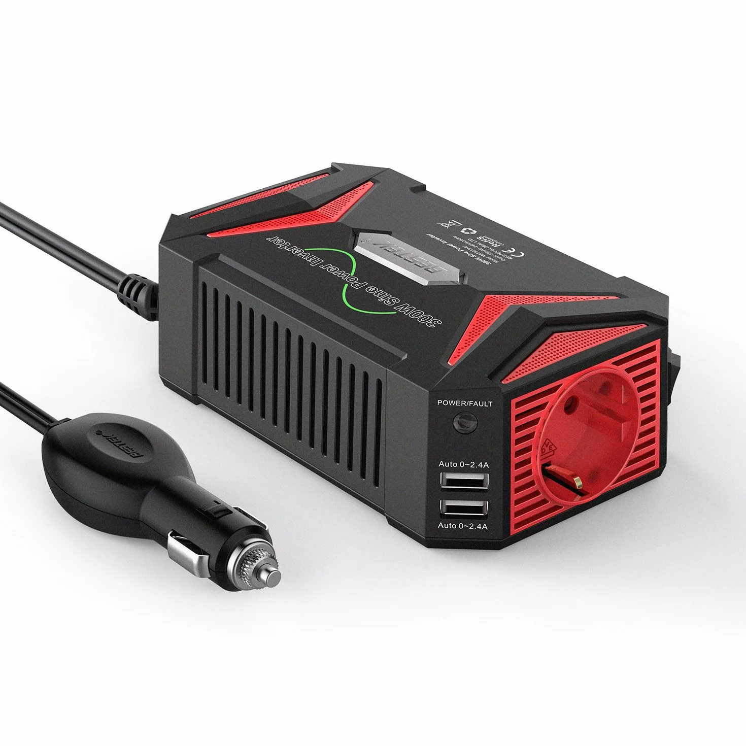 BESTEK Inversor 12v a 220v Onda Pura 300W Conversor para Coche Onda Sinusoidal Transformador con 2 Puertos de USB y 1 Toma de AC, Adaptador de Mechero Coche para Portátil, Movíl