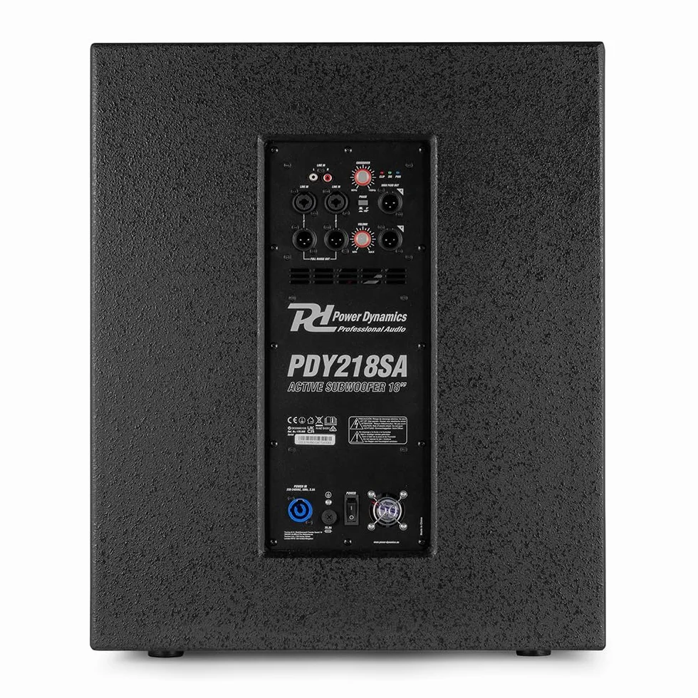 Power Dynamics PDY218SA subwoofer Amplificado de 18" y 1000W de Potencia Pico, entradas XLR balanceadas y RCA, limitador Integrado, Crossover Ajustable, Asas Laterales de Transporte, Color Negro