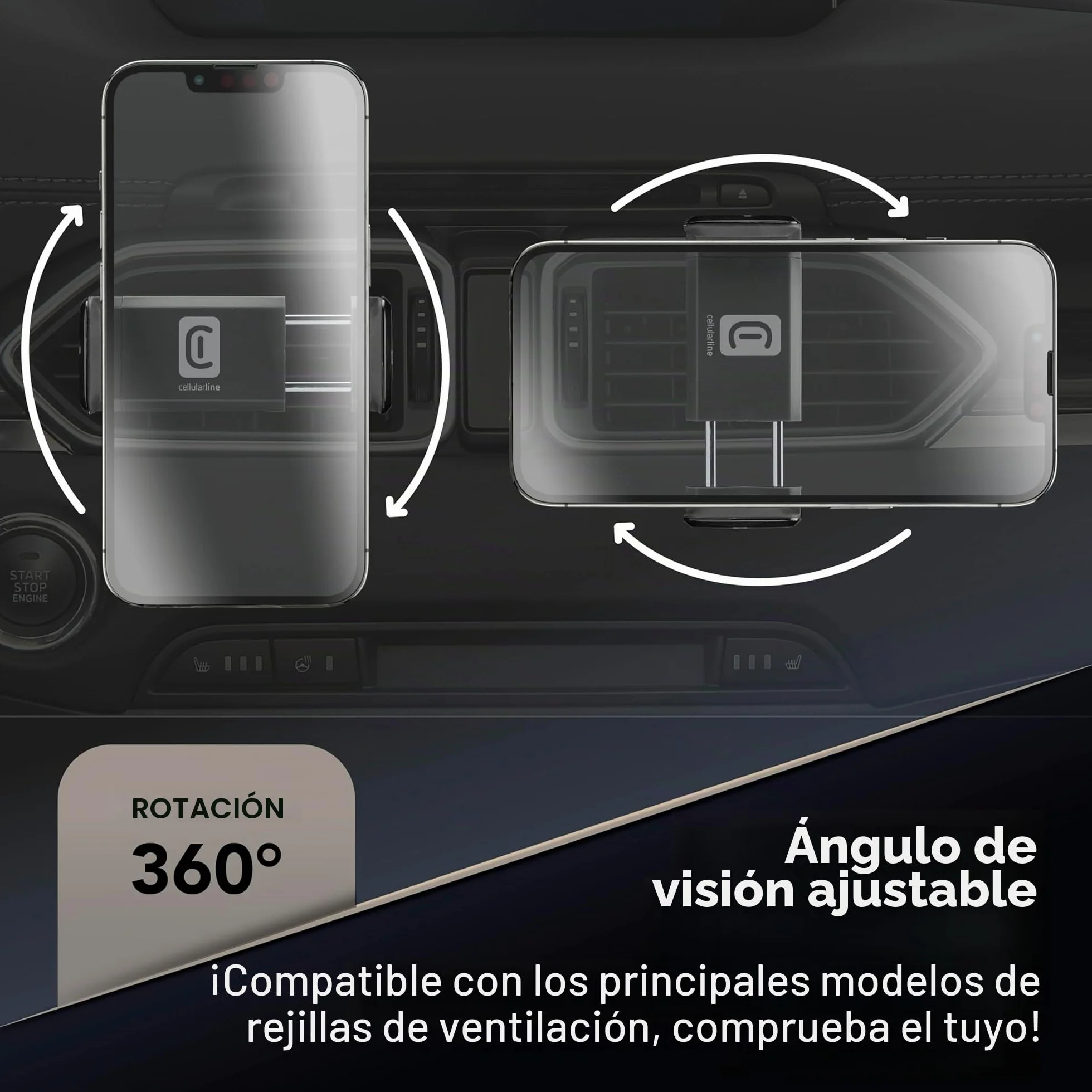 Cellularline SPIN Air Soporte Smartphone Coche Rejillas Ventilación Rotación 360° Negro