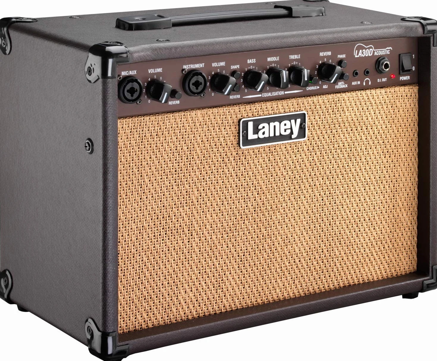 Laney LA30DAmplificador de guitarra acústica – Amplificador de combo de 30W de doble canal con entradas de micrófono y instrumento XLR o jack, reverberación, coro, anti retroalimentación - Marrón