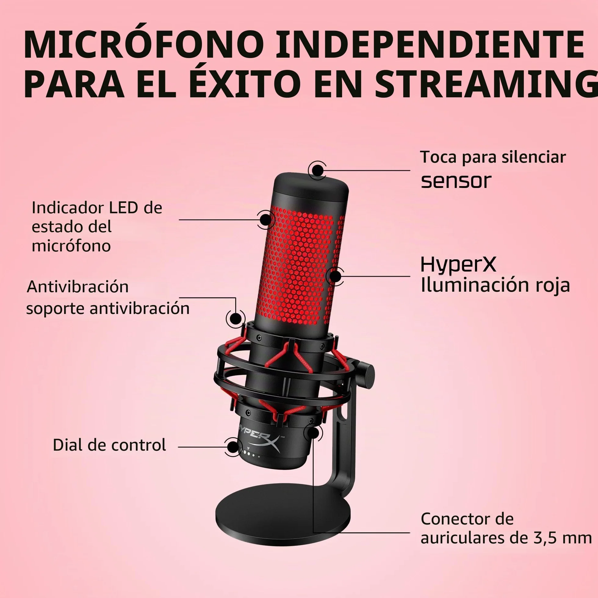 HyperX QuadCast - Micrófono de condensador USB, soporte de choque antivibración, cuatro patrones polares, filtro pop, control de ganancia, para PC, PS4, PS5 y Mac, Negro y Rojo