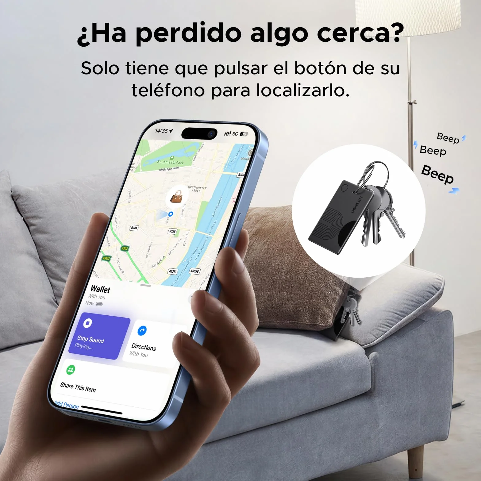 UGREEN FineTrack Slim Finder Tag Carga Inalámbrica Localizador Tracker Bluetooth Compatible con Apple Find My (Solo iOS) Ultra Fino Impermeable IP68 para Cartera Maleta