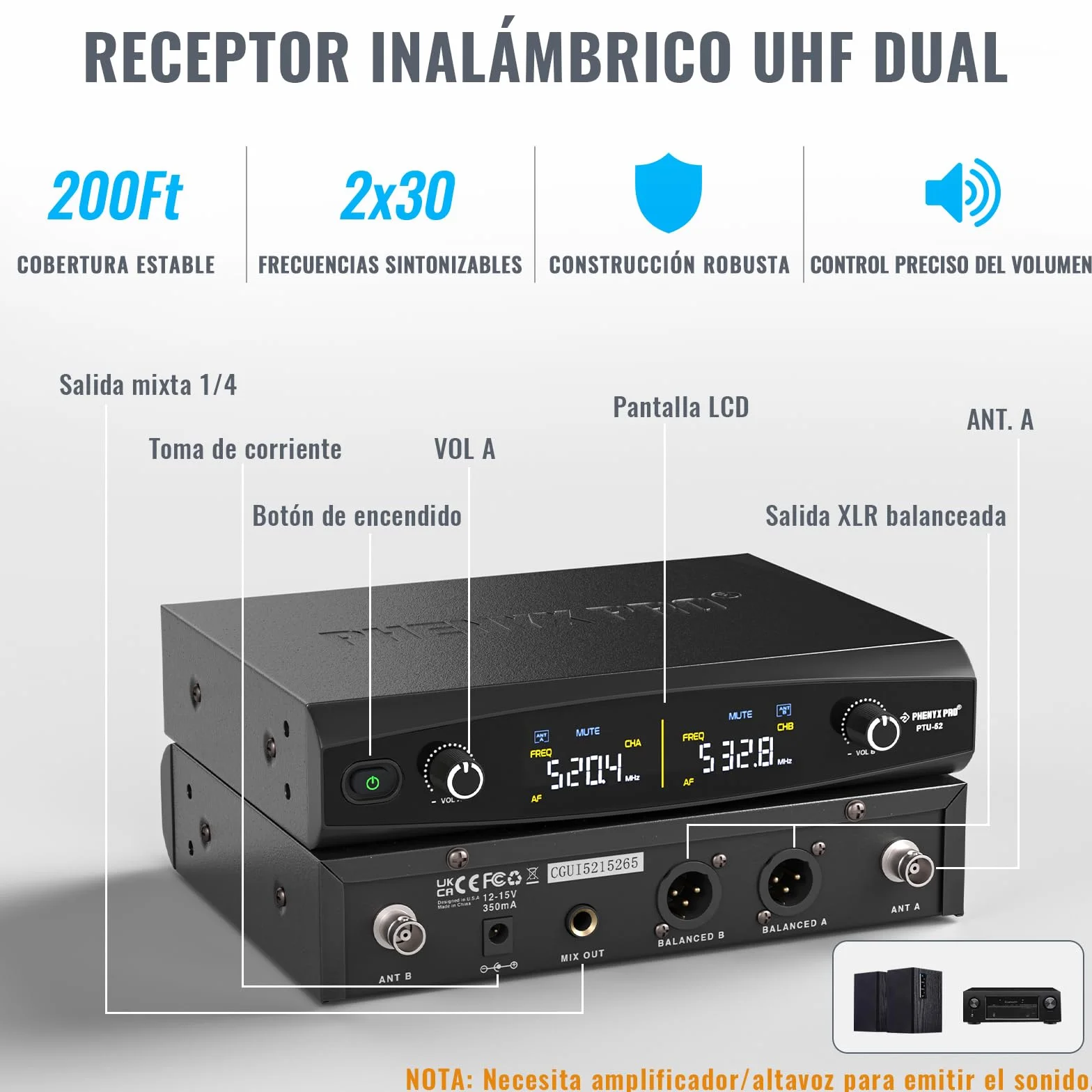 Phenyx Pro Sistema de Micrófono Inalámbrico de Metal, Micrófonos Dinámicos Inalámbricos de Mano para Canto, Karaoke, 2x30 Frecuencias Sintonizables UHF, Alcance de 200 pies (PTU-52-2H)