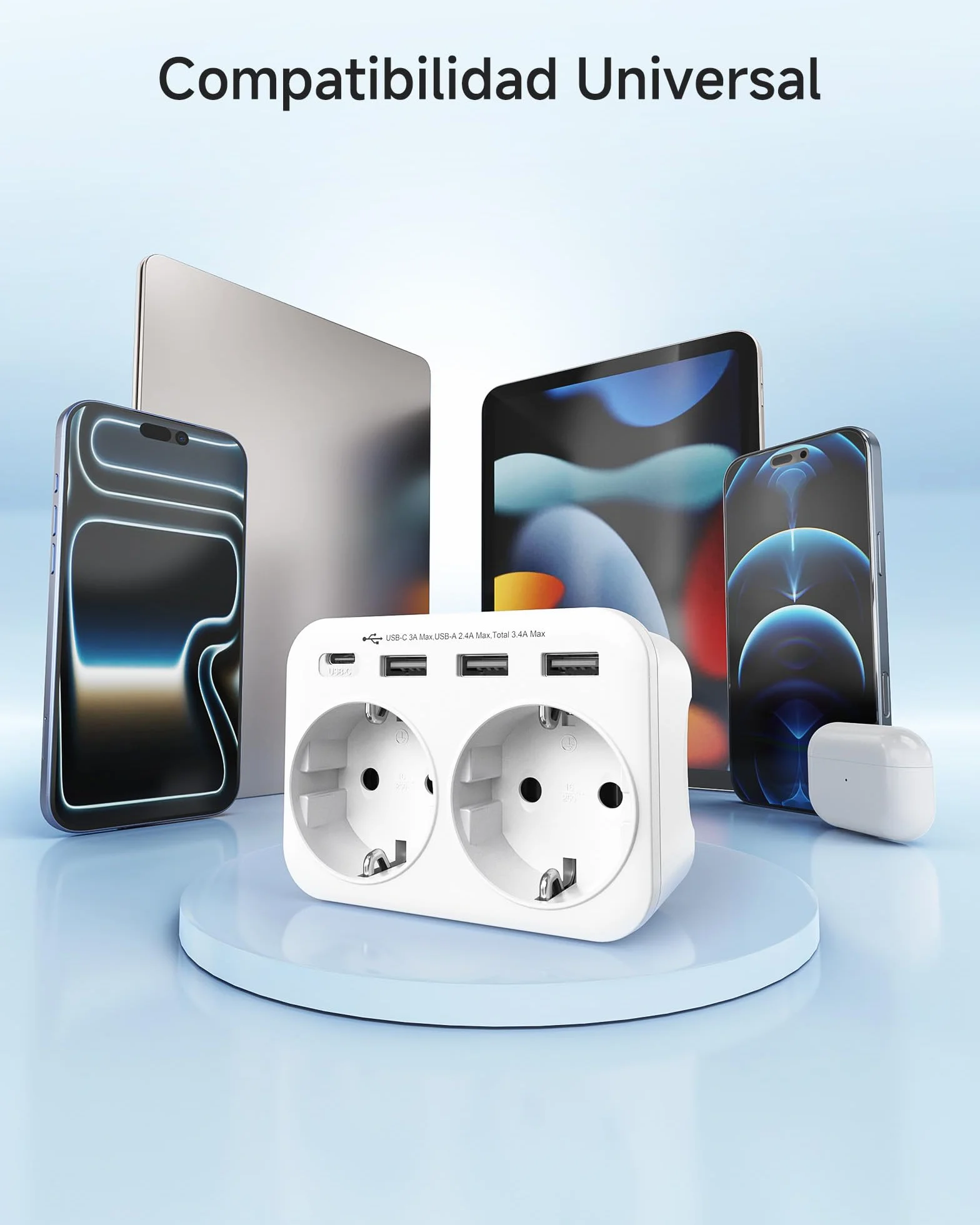 LENCENT Adaptador Enchufe USA/EE.UU, Adaptador Americano de Viaje con 3 Puertos USB y 1 Puerto USB-C, Europa Español 2-Pin a 3-Pin EEUU para México, Canada, Tailandia, Perú, Colombia, Tipo B Blanco