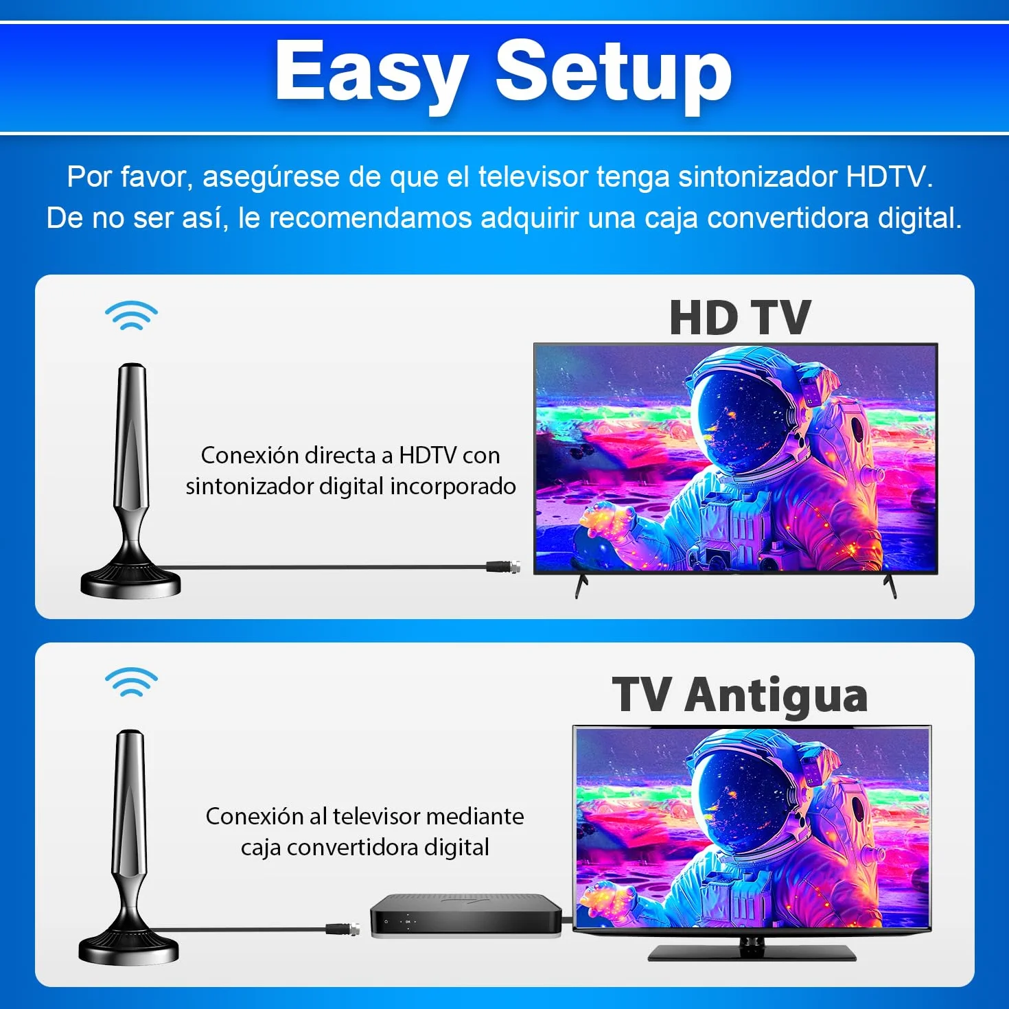 Antena TV Interior HD Potente para Smart TV – Antena TDT Digital Omnidireccional 360°, Base Magnética, DVB-T2/DVB-T, 4K/1080P