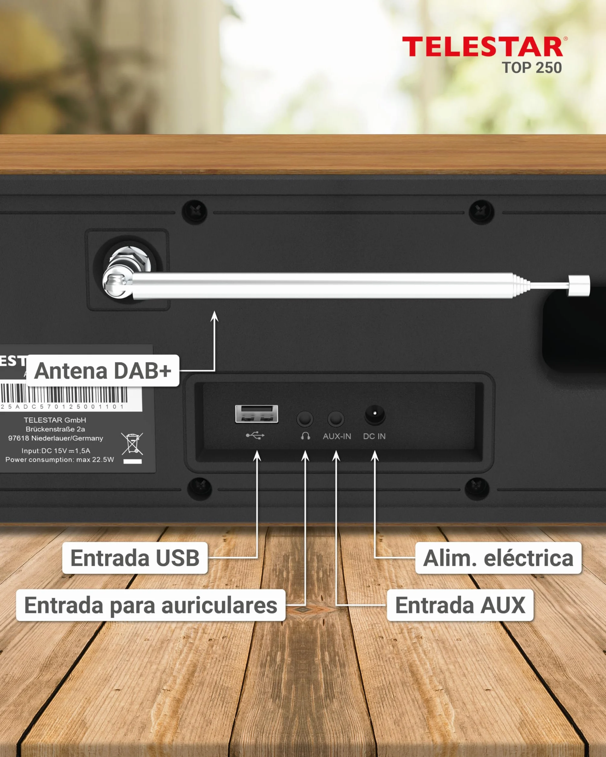 TELESTAR Top 250 – Dab+/Radio por Internet (estéreo, 2 × 10 W, Bluetooth Audio-Streaming & función de envío, grabación USB, Sistema de Emergencia, Control por App) – Madera