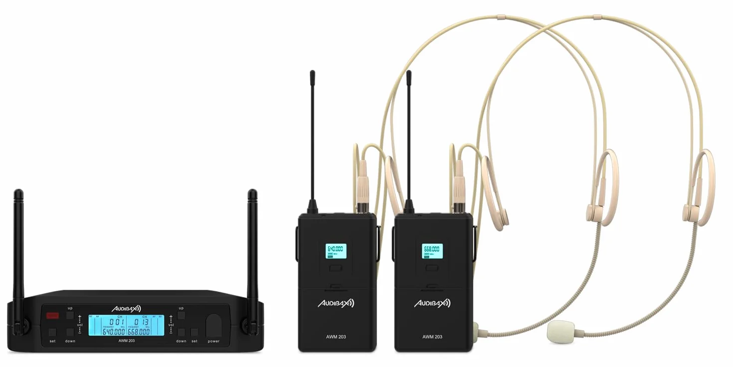Audibax AWM 203 Sistema Inalámbrico Micrófono Diadema de 2 Canales UHF