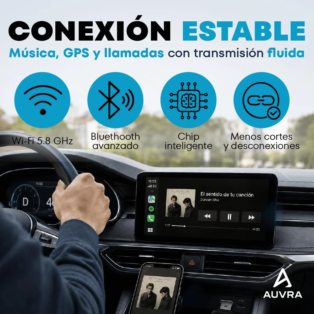 Carplay Inalambrico 2026 Adaptador Android Apple Auto Bluetooth USB Accesorio Coche Electronico Interior sin Cable WiFi con Conexion Estable SwiftLink Lite – Auvra