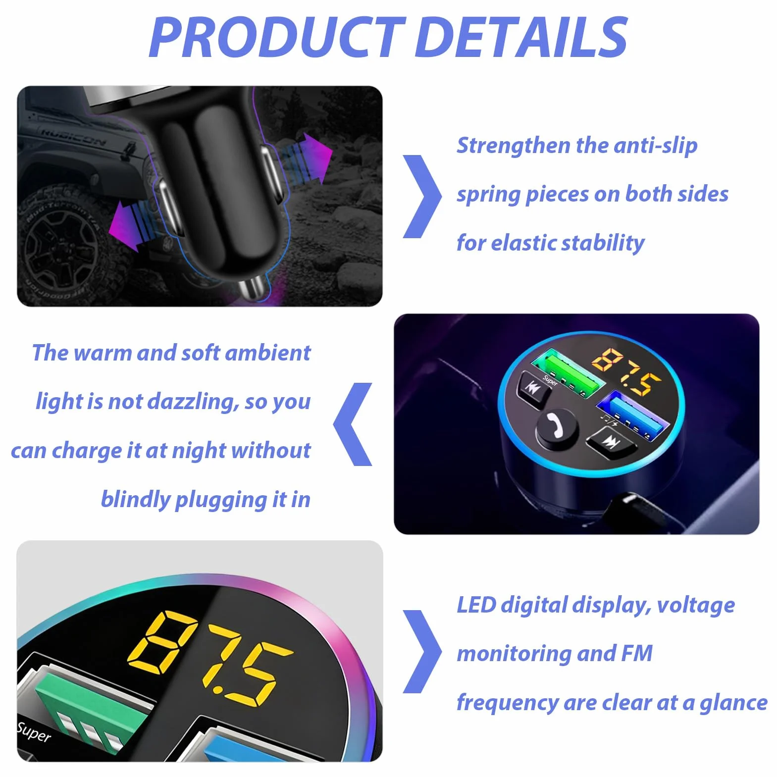 Transmisor FM para Coche - Adaptador Bluetooth 5.0 - Bluetooth para Coche - Reproductor MP3 - Transmisor FM Metálico - Dual - Llamadas Manos Libres, Cargador Rápido para Mechero QC 3.0