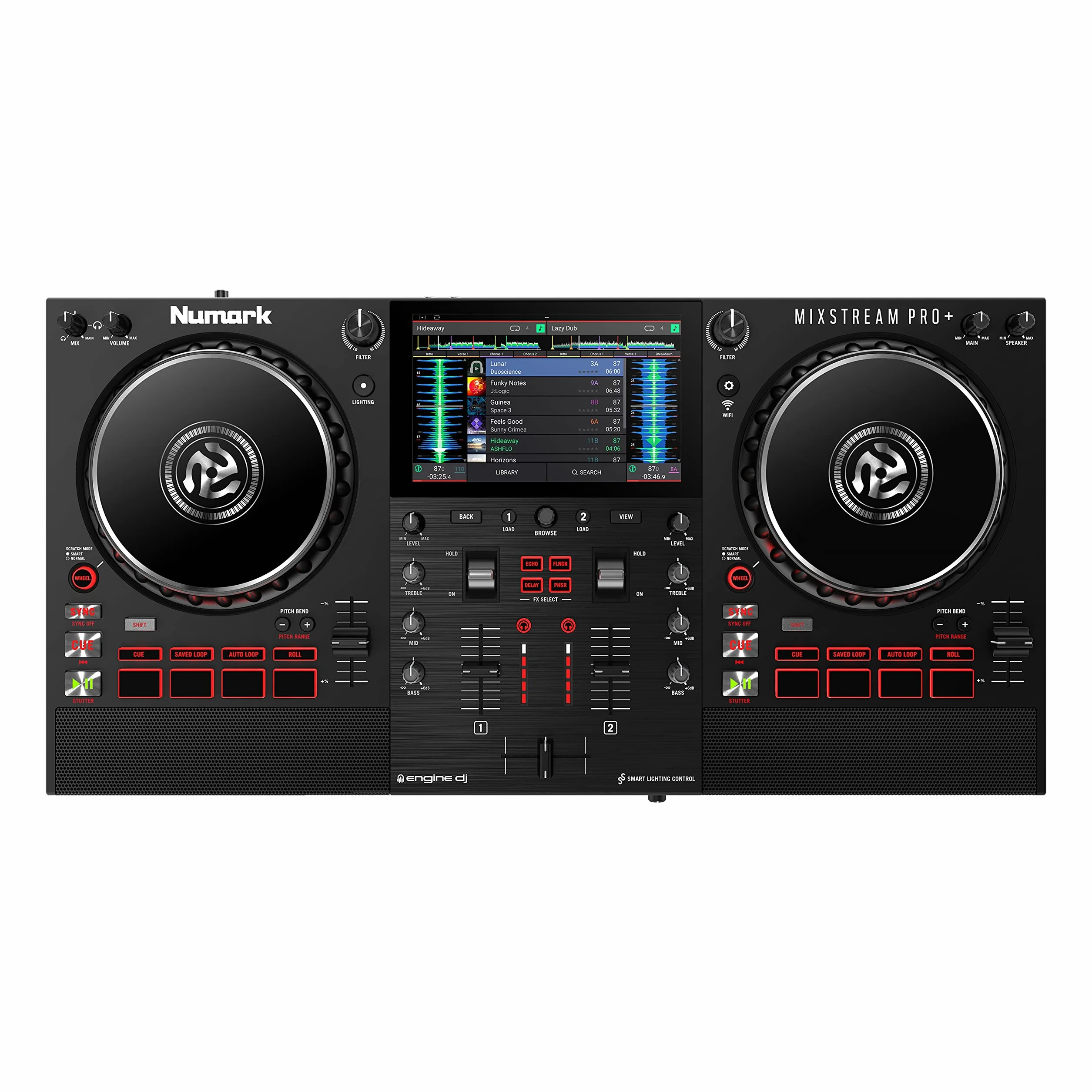 Numark Mixstream Pro+ Controlador DJ, separación de stems, 2 decks, streaming por wifi, mezclador, pantalla táctil 7" y altavoces; Serato y Virtual DJ