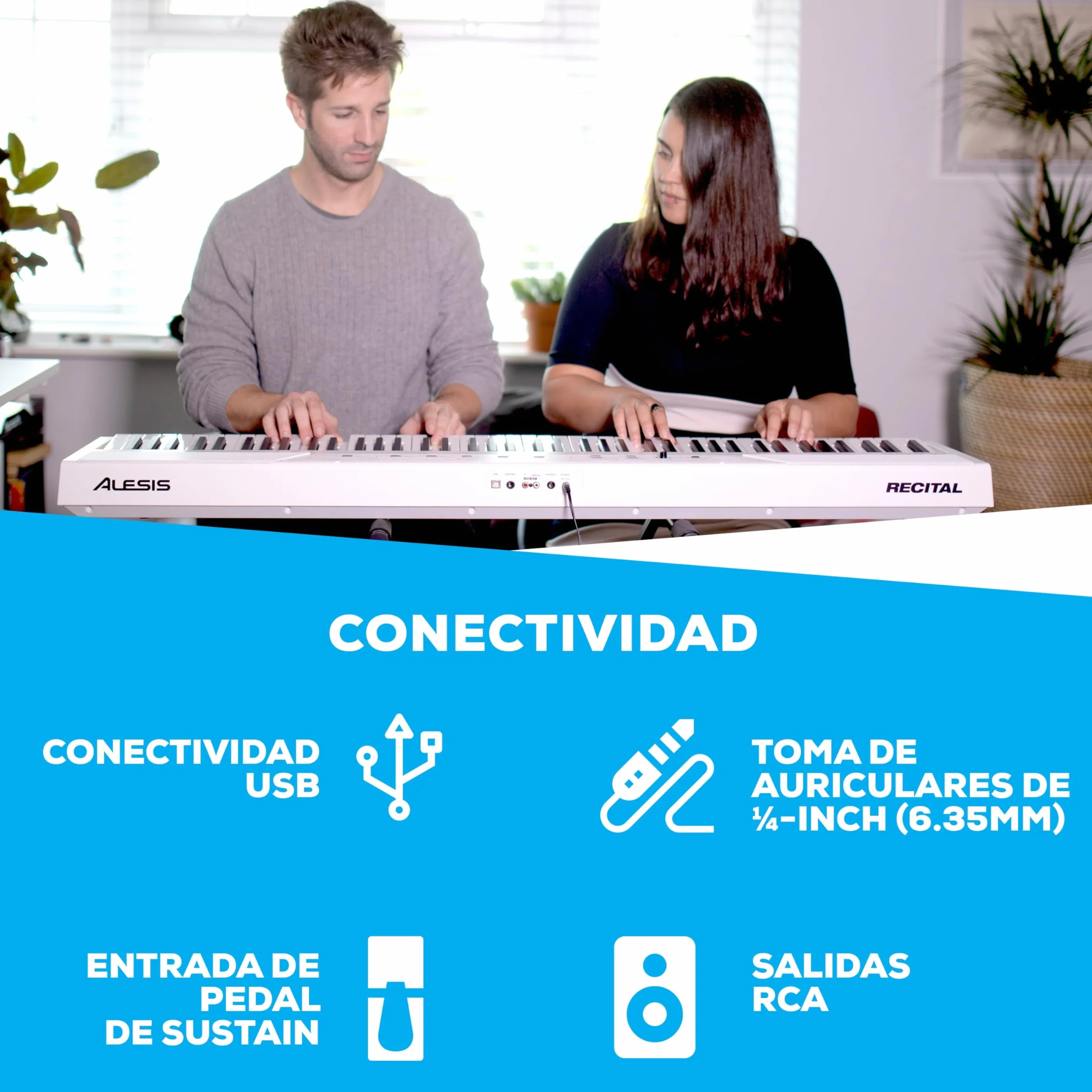 Alesis Recital Piano Eléctrico 88 Teclas Semi Contrapesadas con Altavoces, Lecciones de Piano, Metrónomo y 5 Kits de Sonidos - Blanco