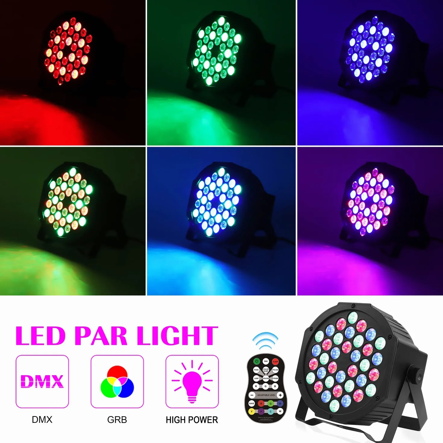 Par Lights RGB 36 luces LED de escenario activadas por sonido, control DMX, 7 modos, luces de iluminación ascendente con control remoto, iluminación de escenario, luces de fiesta DJ Par para club,