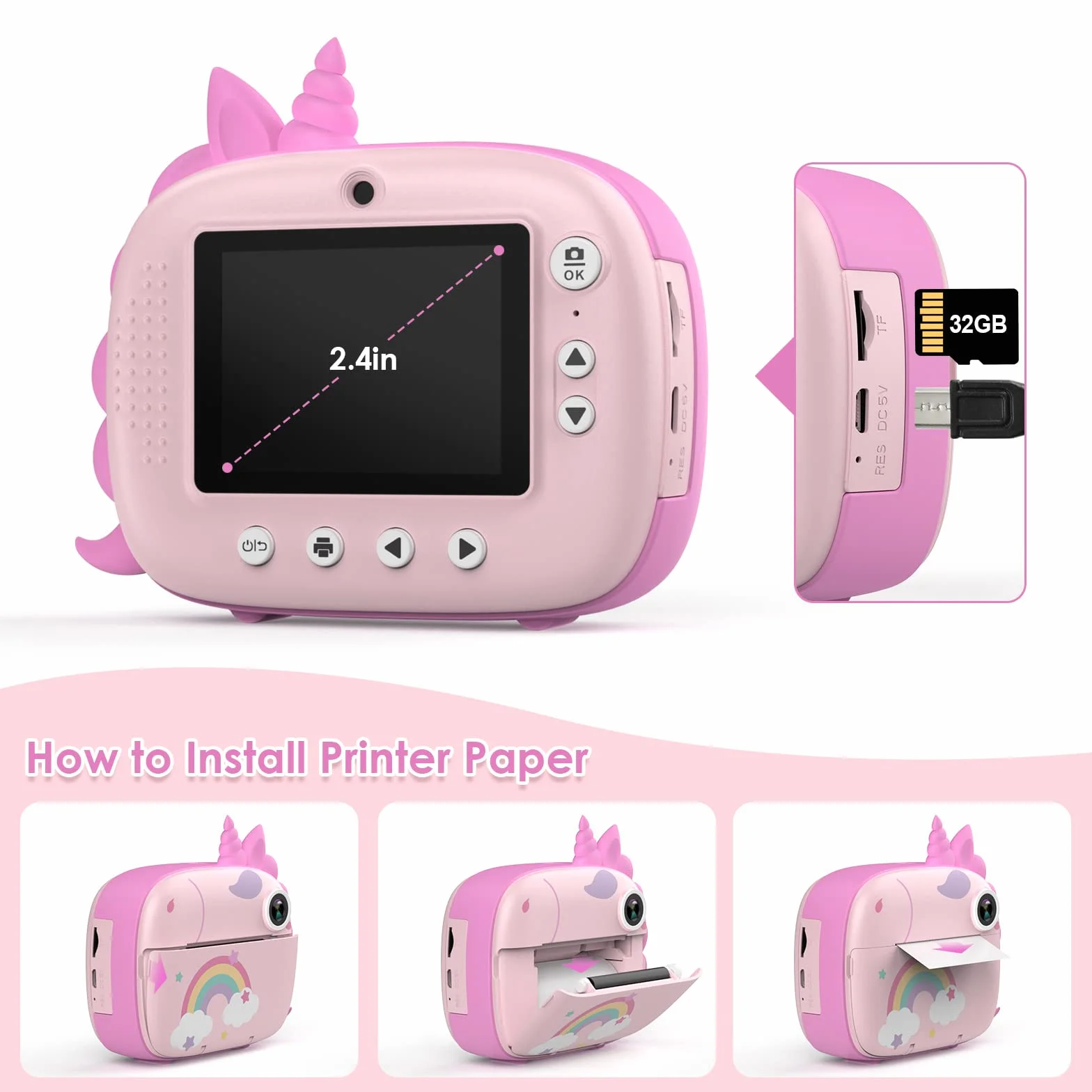 HiMont Cámara infantil digital instantánea 32 GB papel impresión tarjeta TF rosa